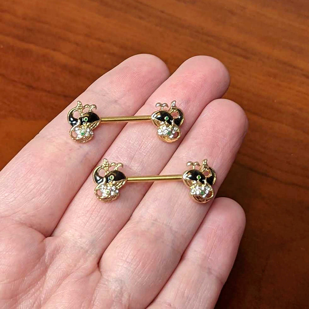 BodyCandy 14G 9/16 Clear Gem Gold Tone Mom Baby Whale Nipple Ring Set — side view