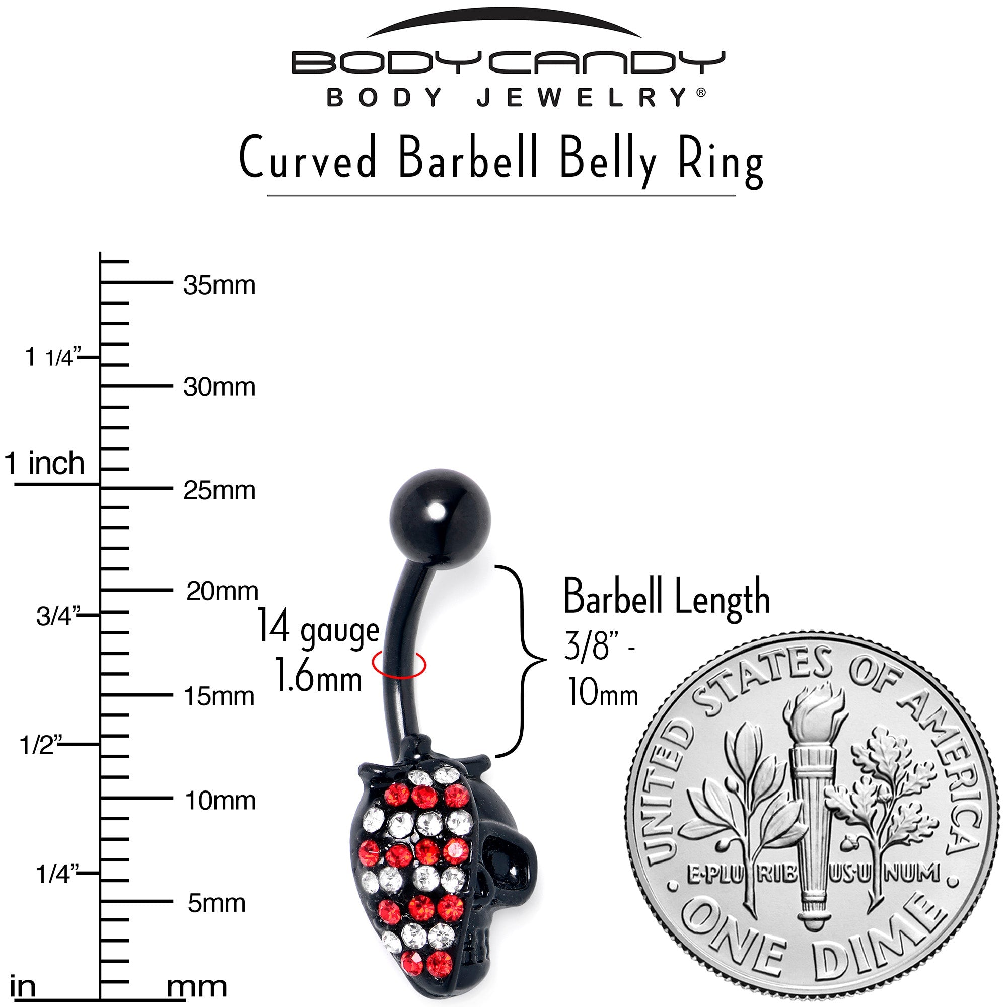 BodyCandy Red Clear Gem Black Skull Halloween Belly Ring — side view