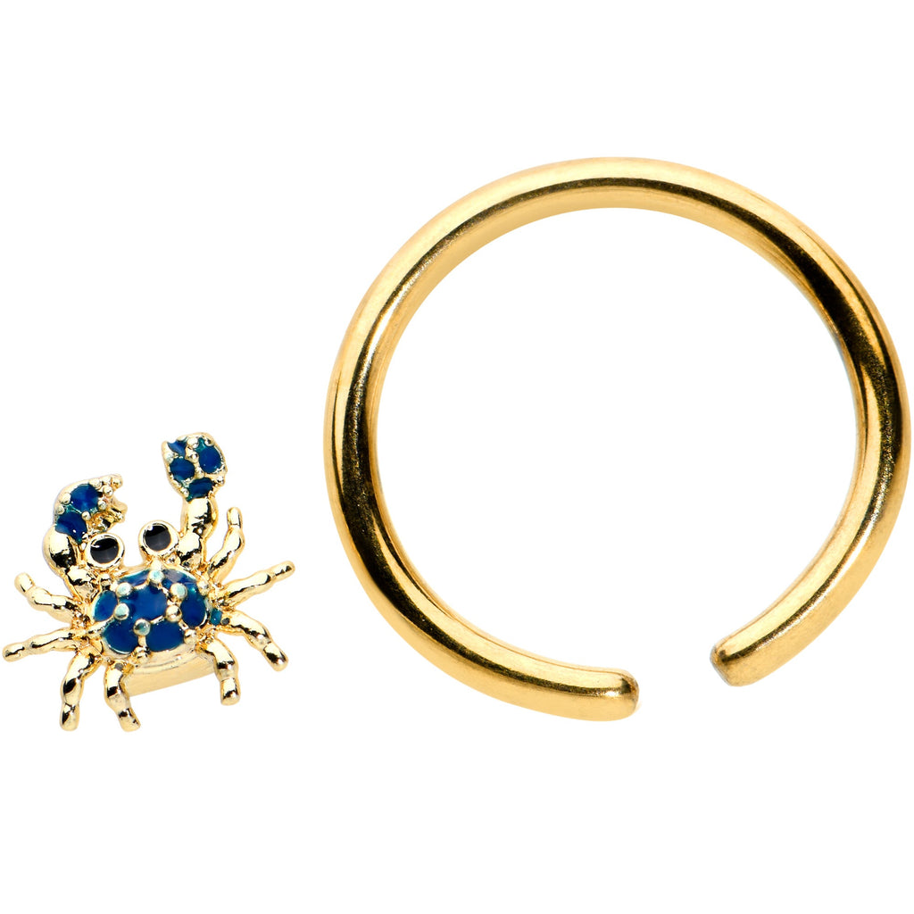 BodyCandy 16G 3/8 Gold Tone Blue Crab Nautical BCR Captive Ring — detail close-up