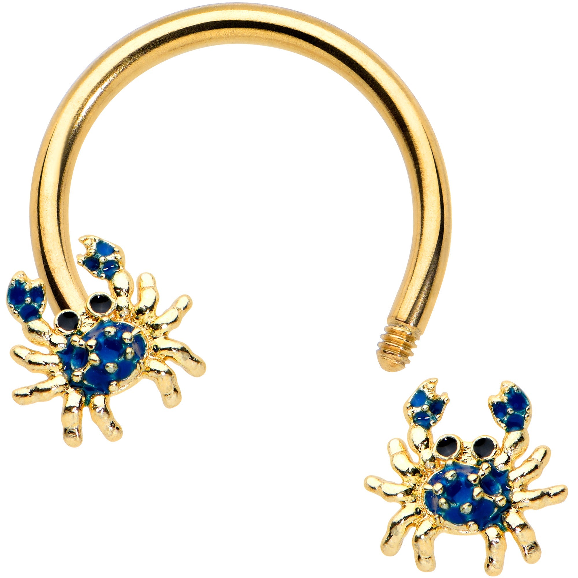 BodyCandy 16G 3/8 Gold Tone Blue Crab Nautical Horseshoe Circular Barbell — detail close-up