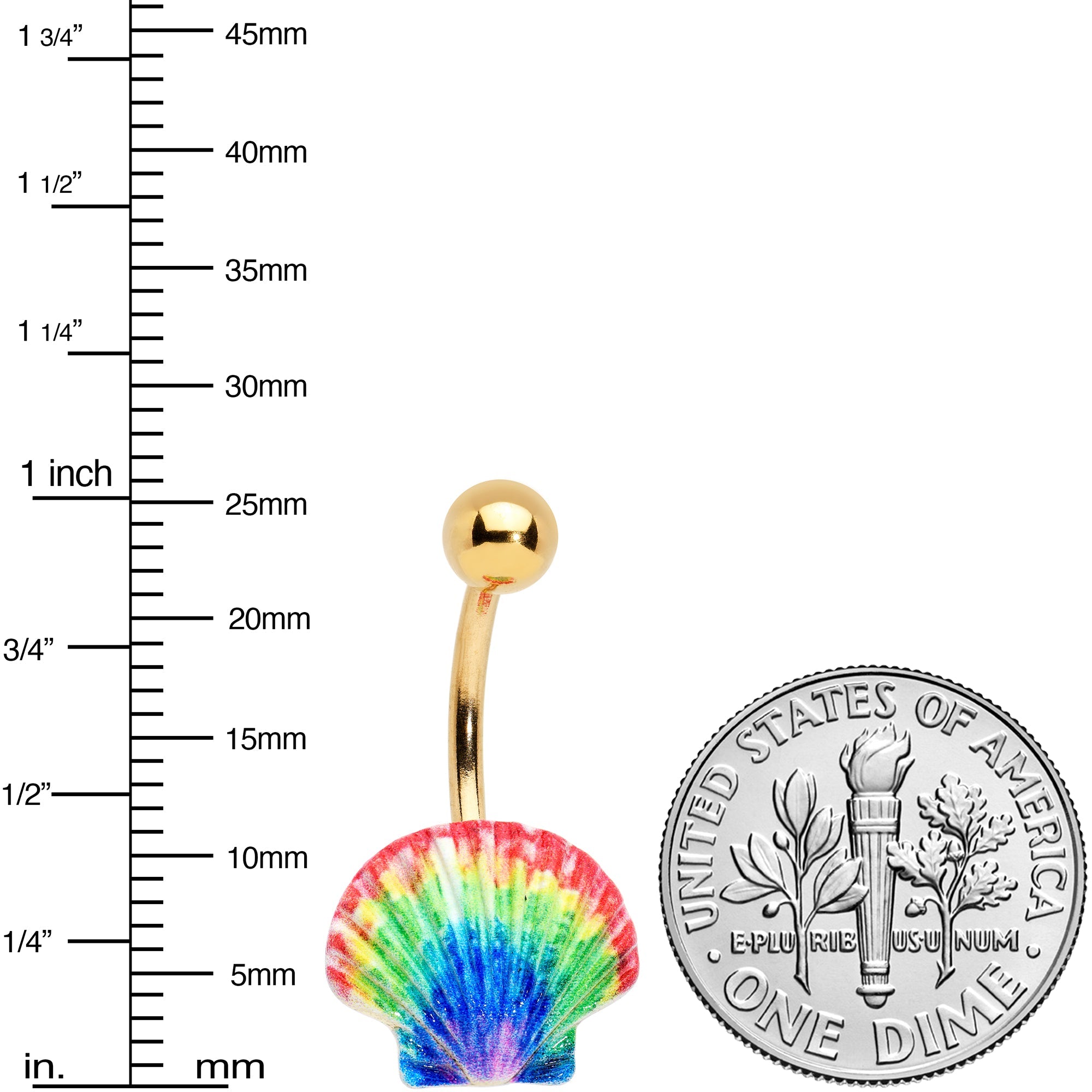 BodyCandy Gold Tone Rainbow Scallop Shell Nautical Belly Ring — detail close-up