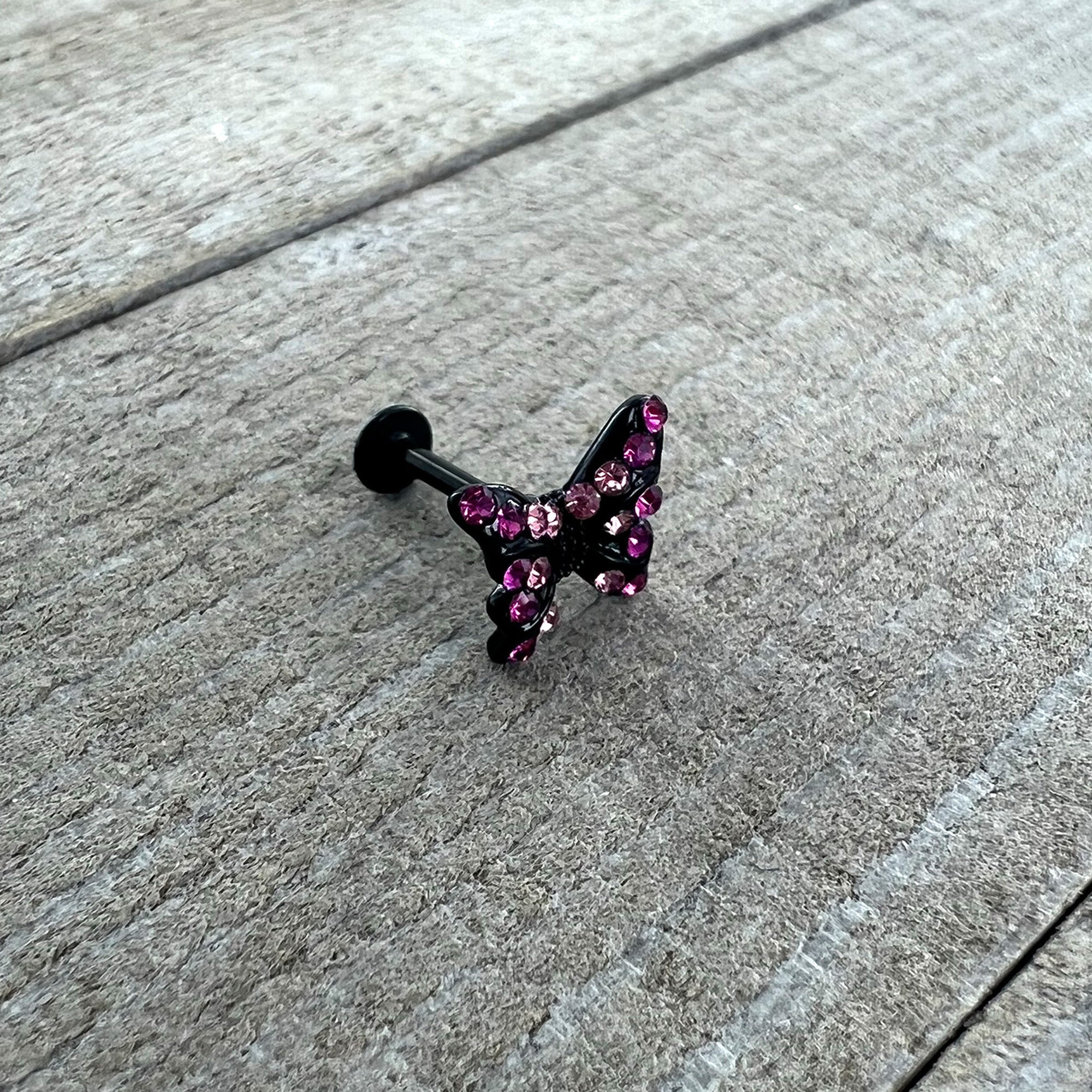 BodyCandy 16G 5/16 Pink Gem Black Midnight Butterfly Labret Monroe Tragus — alternative angle