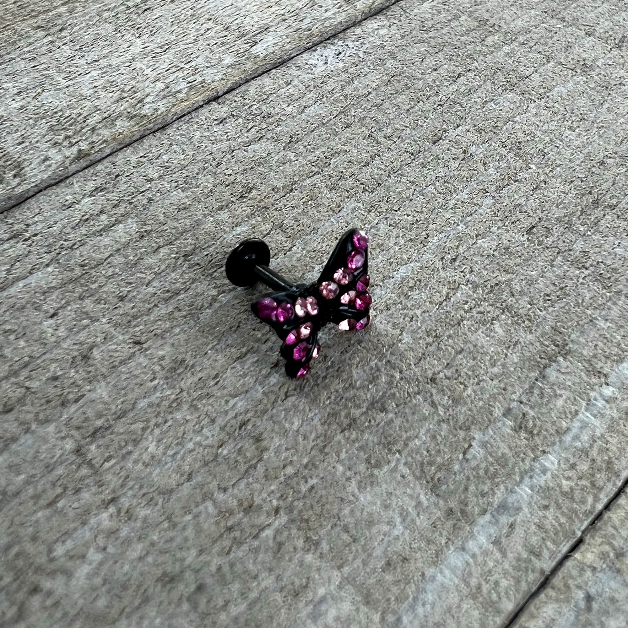 BodyCandy 16G 1/4 Pink Gem Black Midnight Butterfly Labret — alternative angle