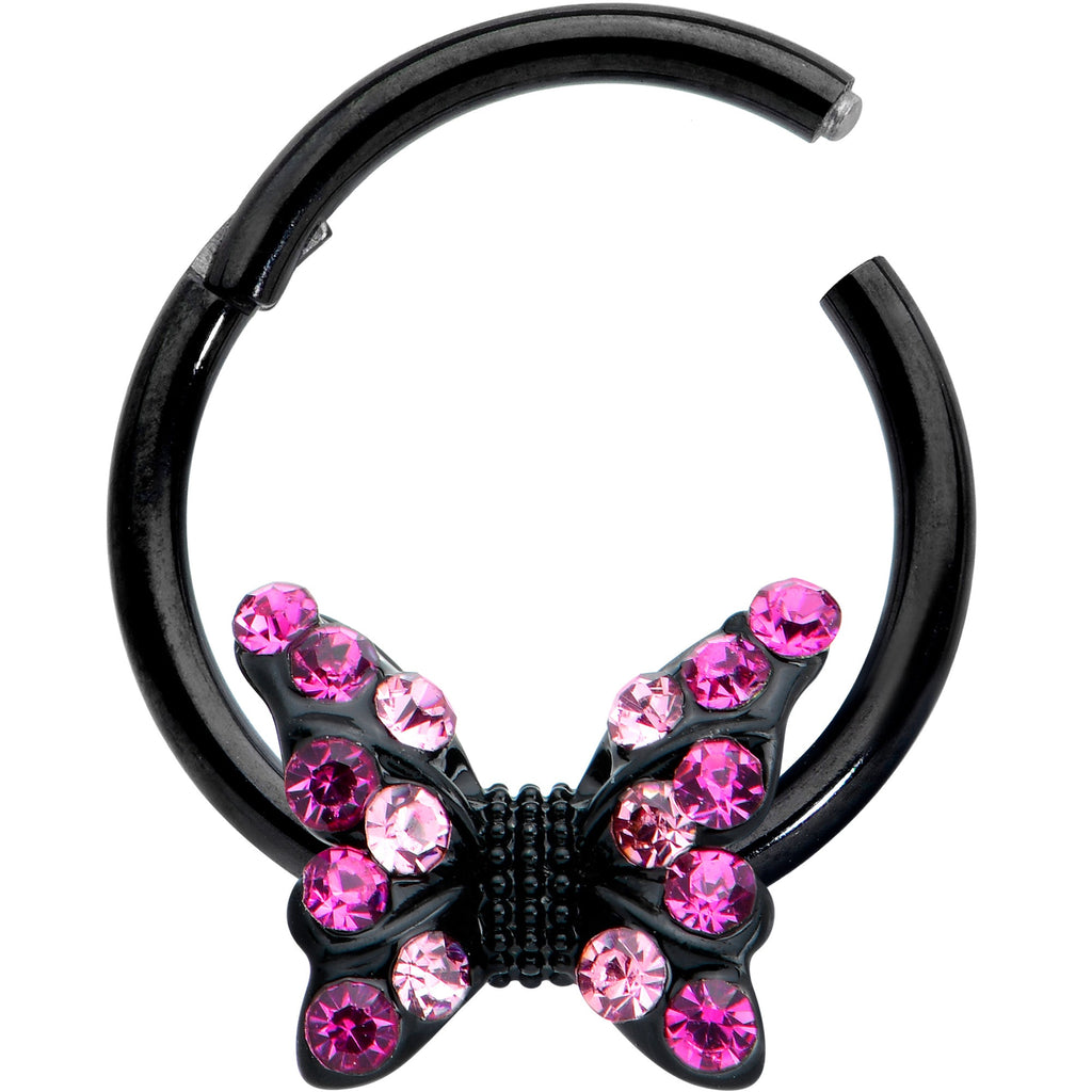 BodyCandy 16G 3/8 Pink Gem Black Midnight Butterfly Hinged Segment Ring — detail close-up