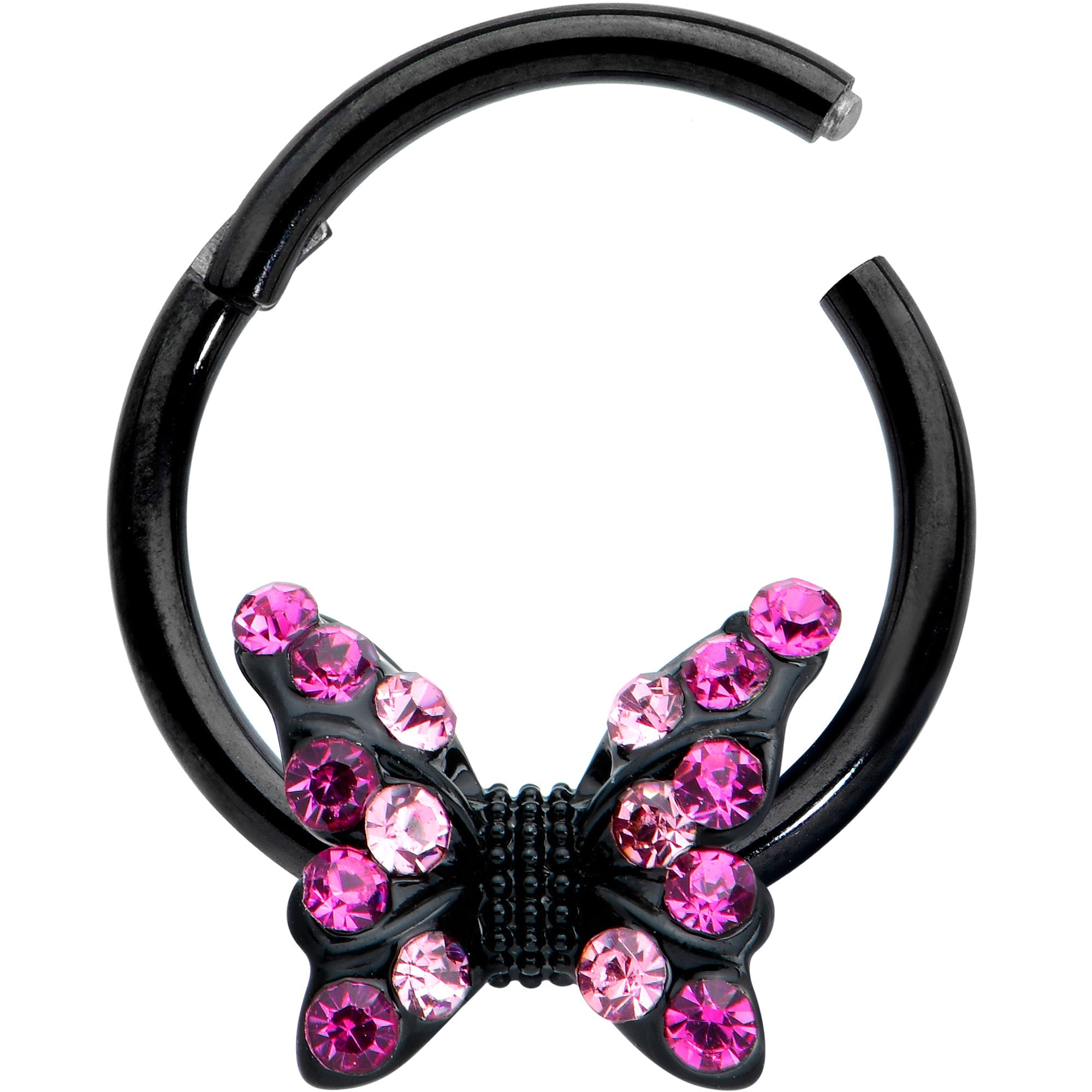 BodyCandy 16G 3/8 Pink Gem Black Midnight Butterfly Hinged Segment Ring — detail close-up
