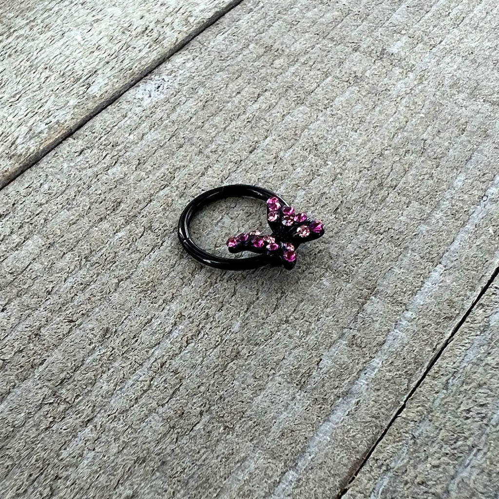 BodyCandy 16G 3/8 Pink Gem Black Midnight Butterfly Hinged Segment Ring — side view
