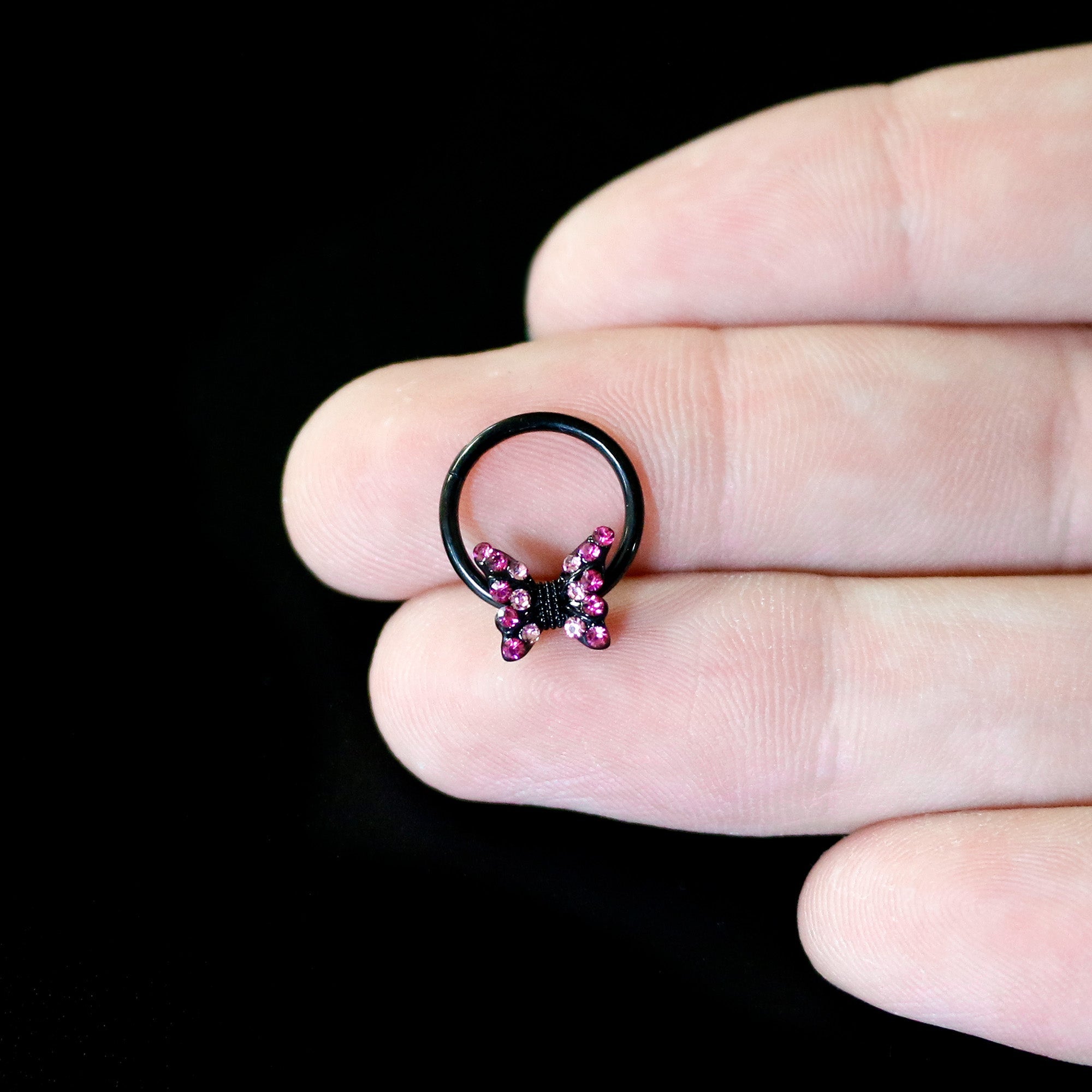 BodyCandy 16G 3/8 Pink Gem Black Midnight Butterfly Hinged Segment Ring — back view