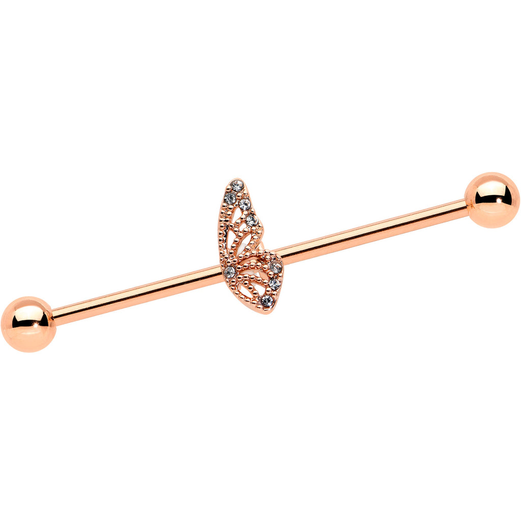 BodyCandy 14G Clear Gem Rose Gold Tone Texture Wing Industrial Barbell 38mm — main product shot