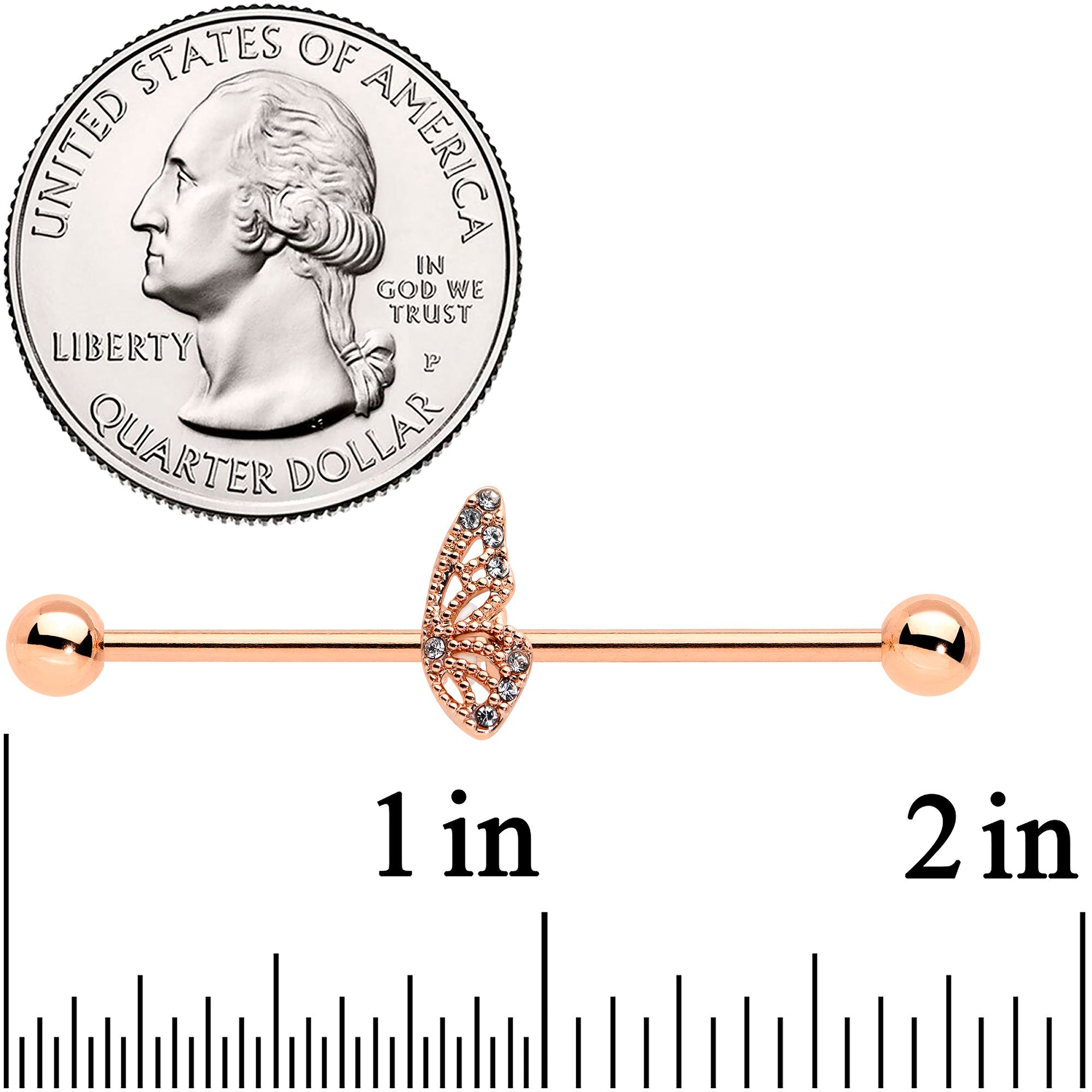 BodyCandy 14G Clear Gem Rose Gold Tone Texture Wing Industrial Barbell 38mm — detail close-up