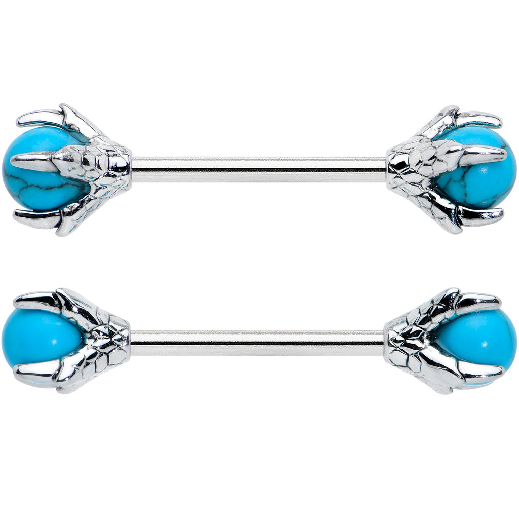 BodyCandy 14G 5/8 Blue Turquoise Skeleton Hand Halloween Nipple Ring Set — detail close-up