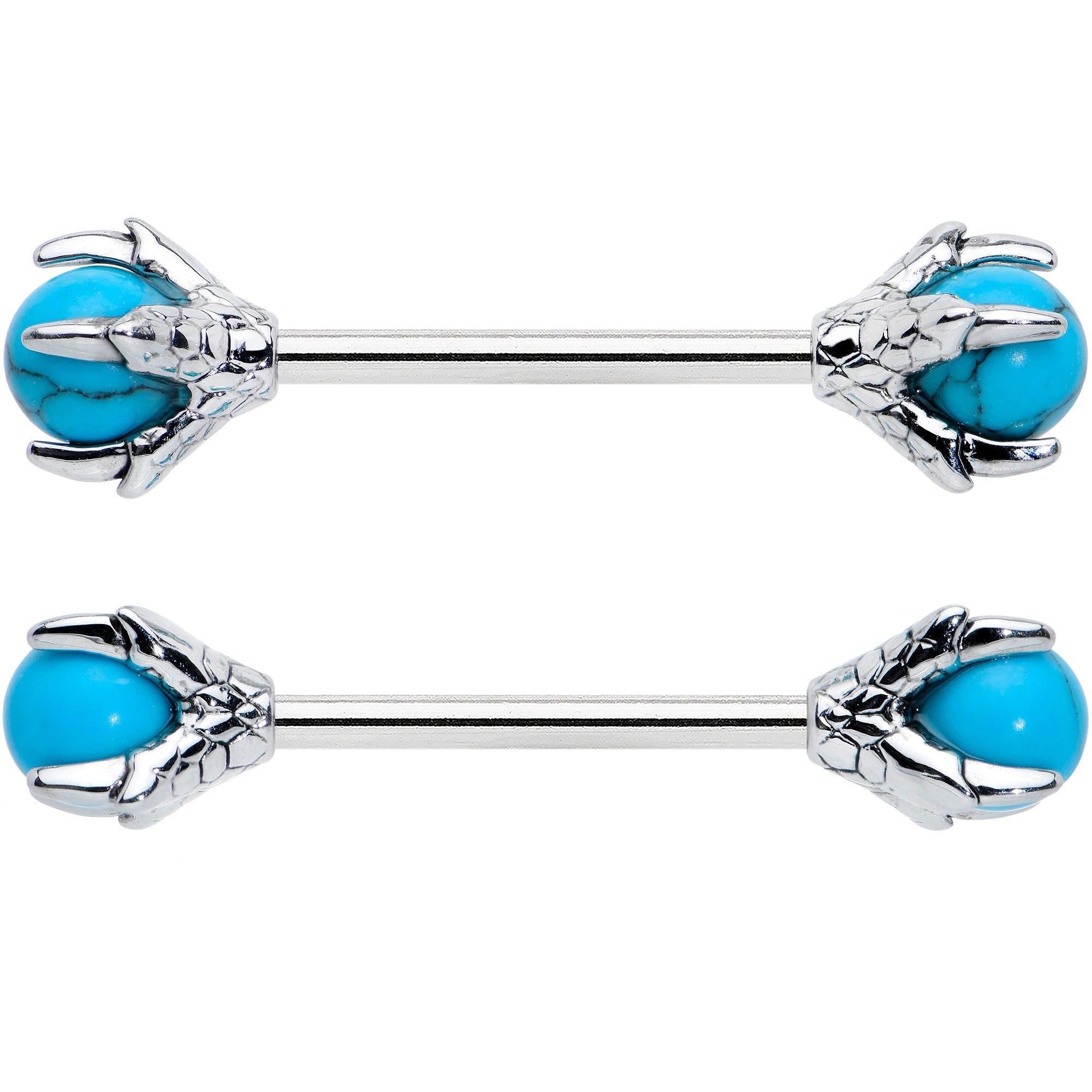 BodyCandy 14G 5/8 Blue Turquoise Skeleton Hand Halloween Nipple Ring Set — detail close-up