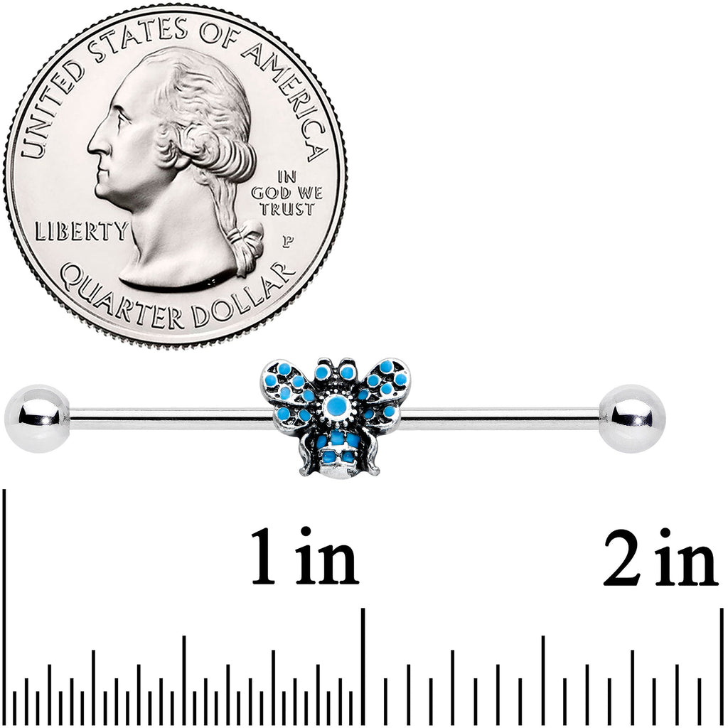 BodyCandy 14G Texture Blue Butterfly Industrial Barbell 38mm — detail close-up