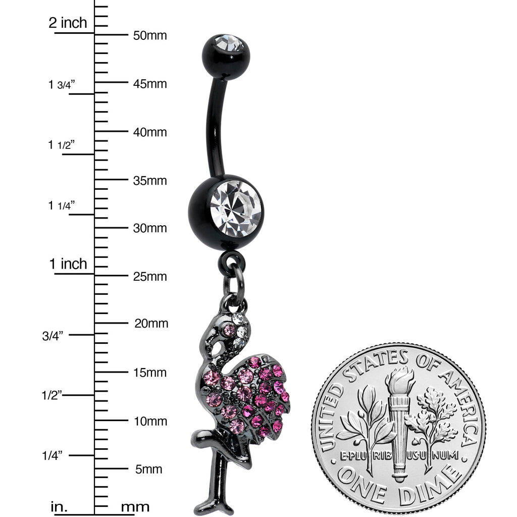 BodyCandy Clear Pink Gem Black Fashionable Flamingo Dangle Belly Ring — detail close-up