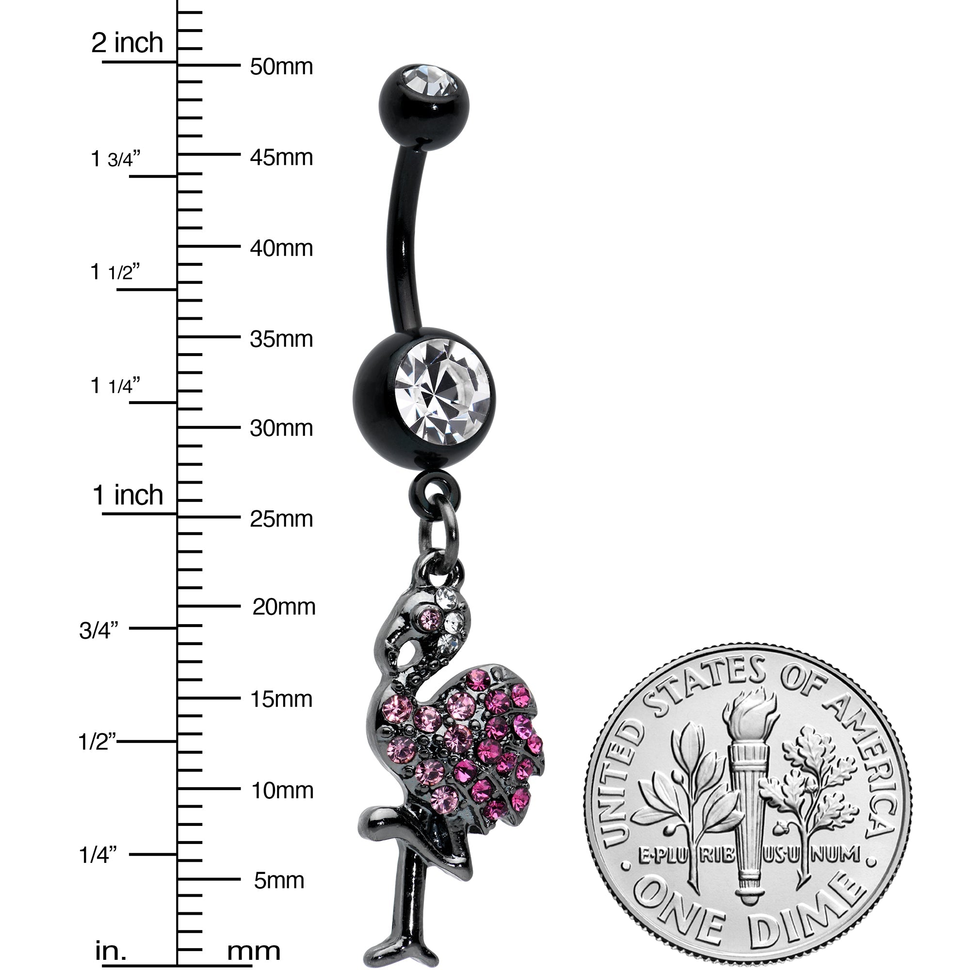 BodyCandy Clear Pink Gem Black Fashionable Flamingo Dangle Belly Ring — detail close-up