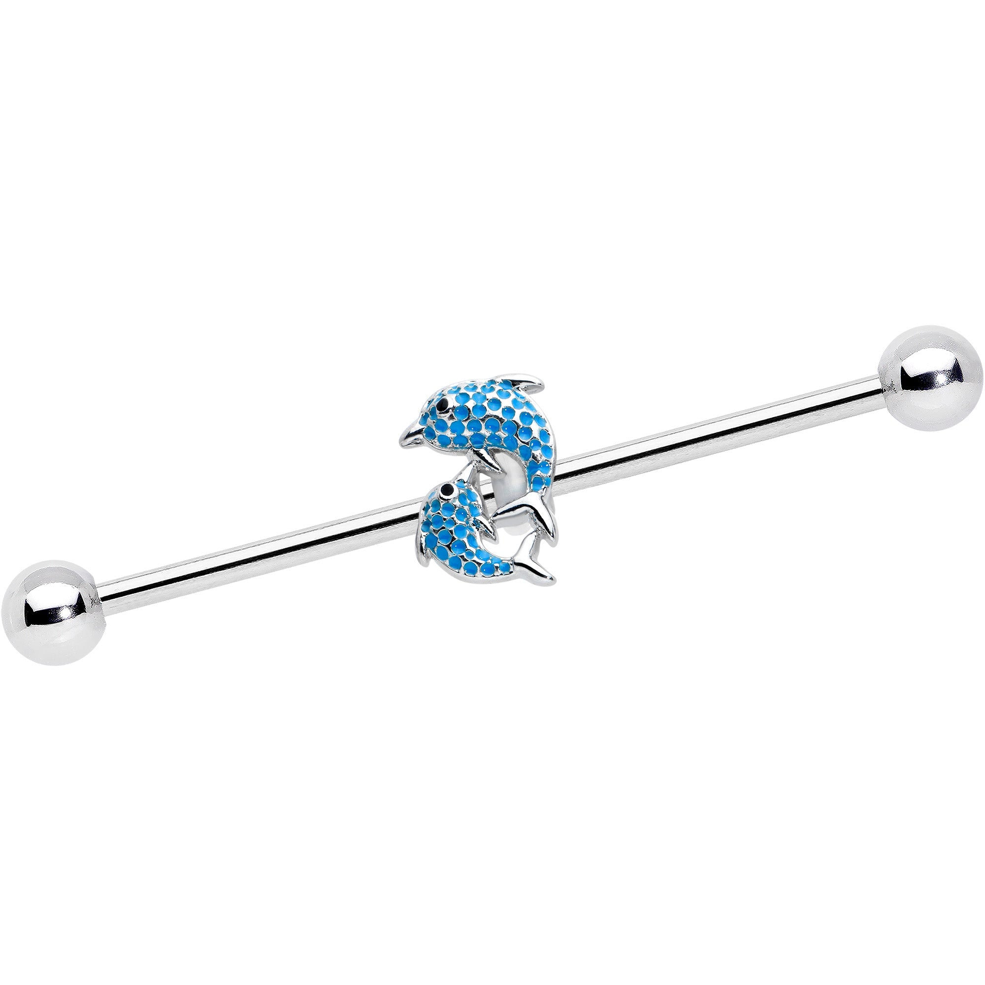 BodyCandy 14G Black Gem Leaping Blue Dolphins Industrial Barbell 38mm — main product shot