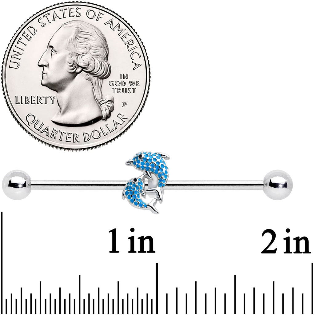 BodyCandy 14G Black Gem Leaping Blue Dolphins Industrial Barbell 38mm — detail close-up