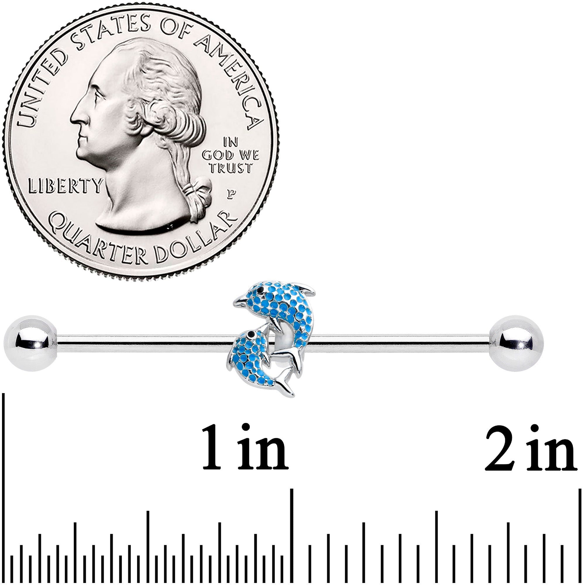 BodyCandy 14G Black Gem Leaping Blue Dolphins Industrial Barbell 38mm — detail close-up