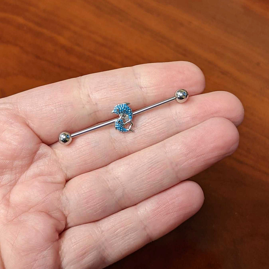 BodyCandy 14G Black Gem Leaping Blue Dolphins Industrial Barbell 38mm — lifestyle context