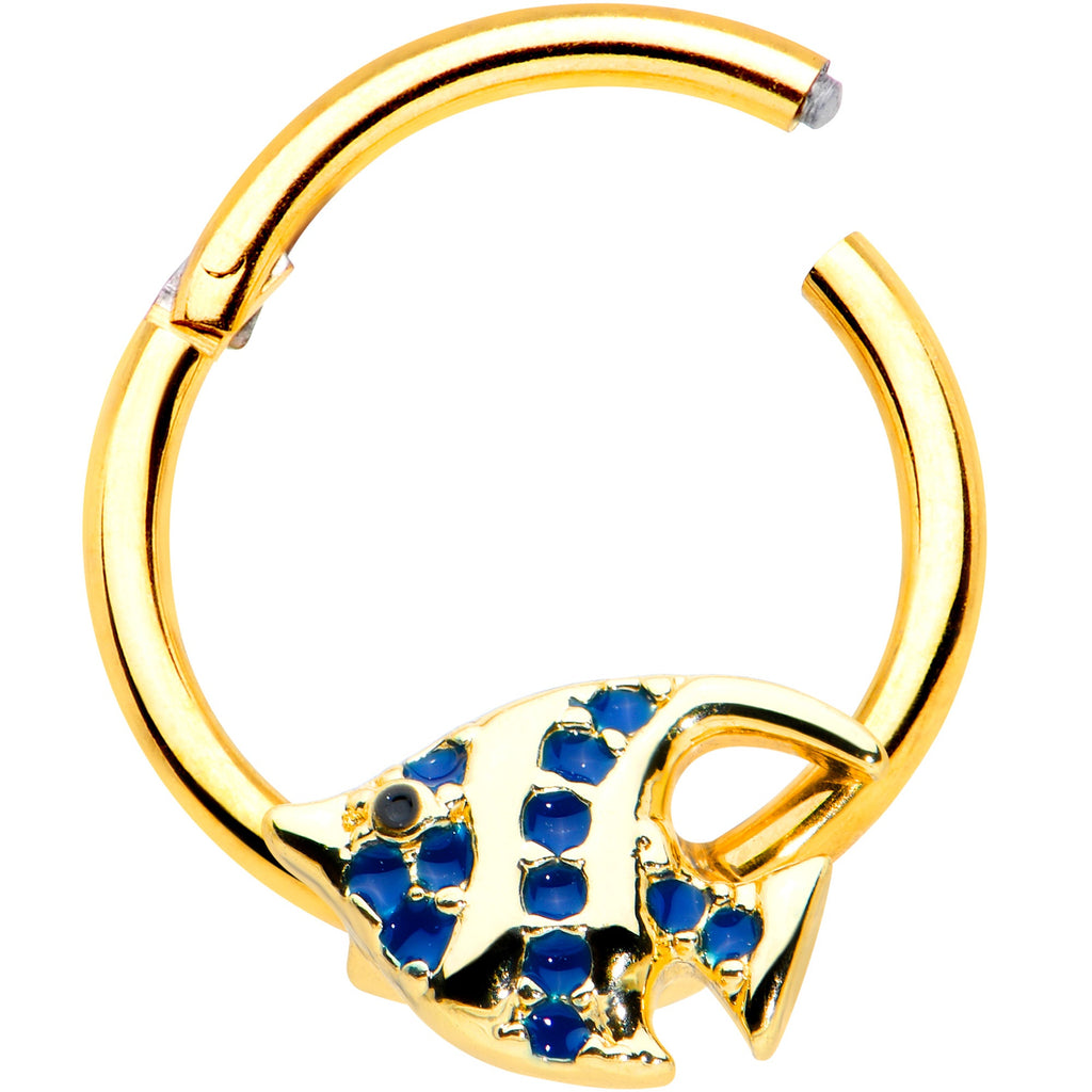BodyCandy 16G 3/8 Blue Gem Gold Tone Adorable Angelfish Hinged Segment Ring — detail close-up
