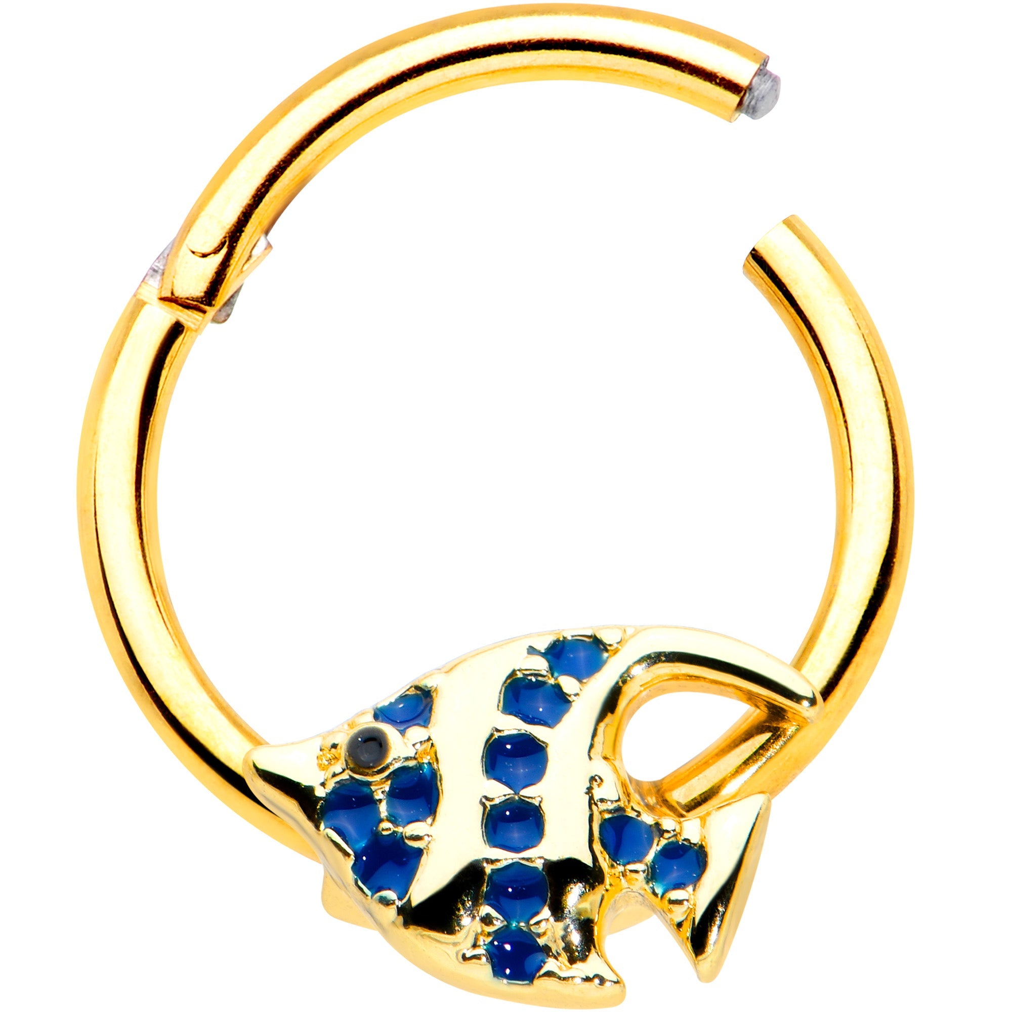 BodyCandy 16G 3/8 Blue Gem Gold Tone Adorable Angelfish Hinged Segment Ring — detail close-up