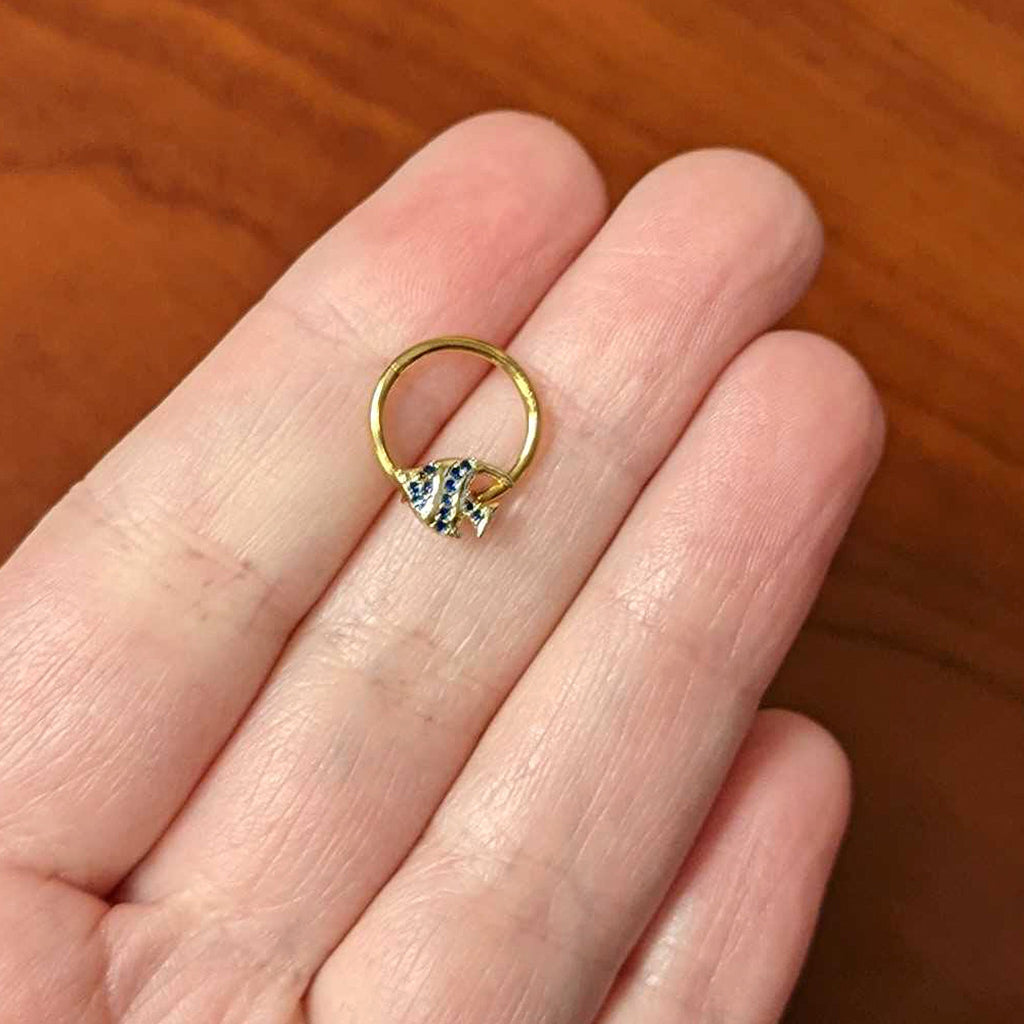 BodyCandy 16G 3/8 Blue Gem Gold Tone Adorable Angelfish Hinged Segment Ring — side view