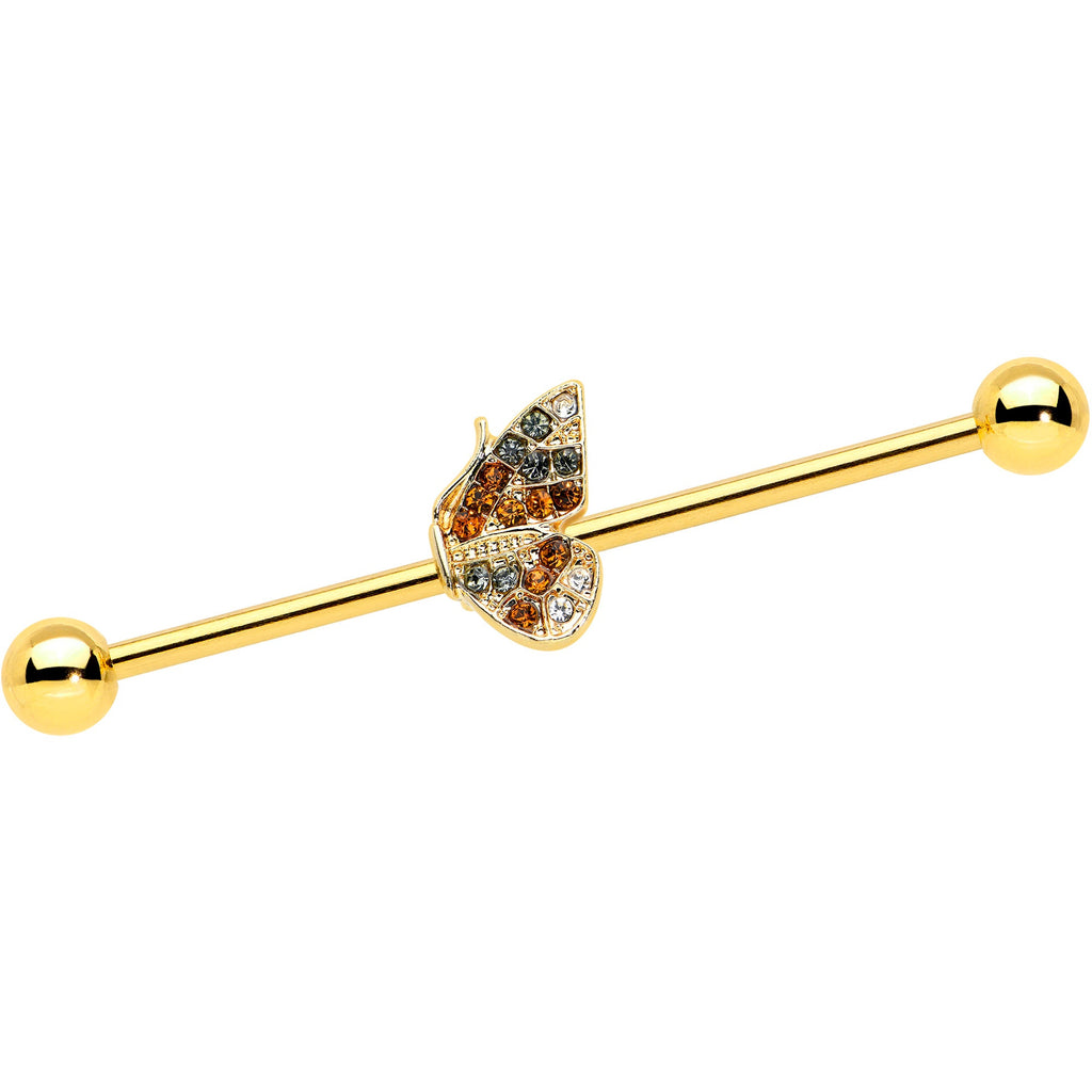 BodyCandy 14G Clear Orange Gem Gold Hue Baroque Butterfly Industrial Barbell 38mm — main product shot