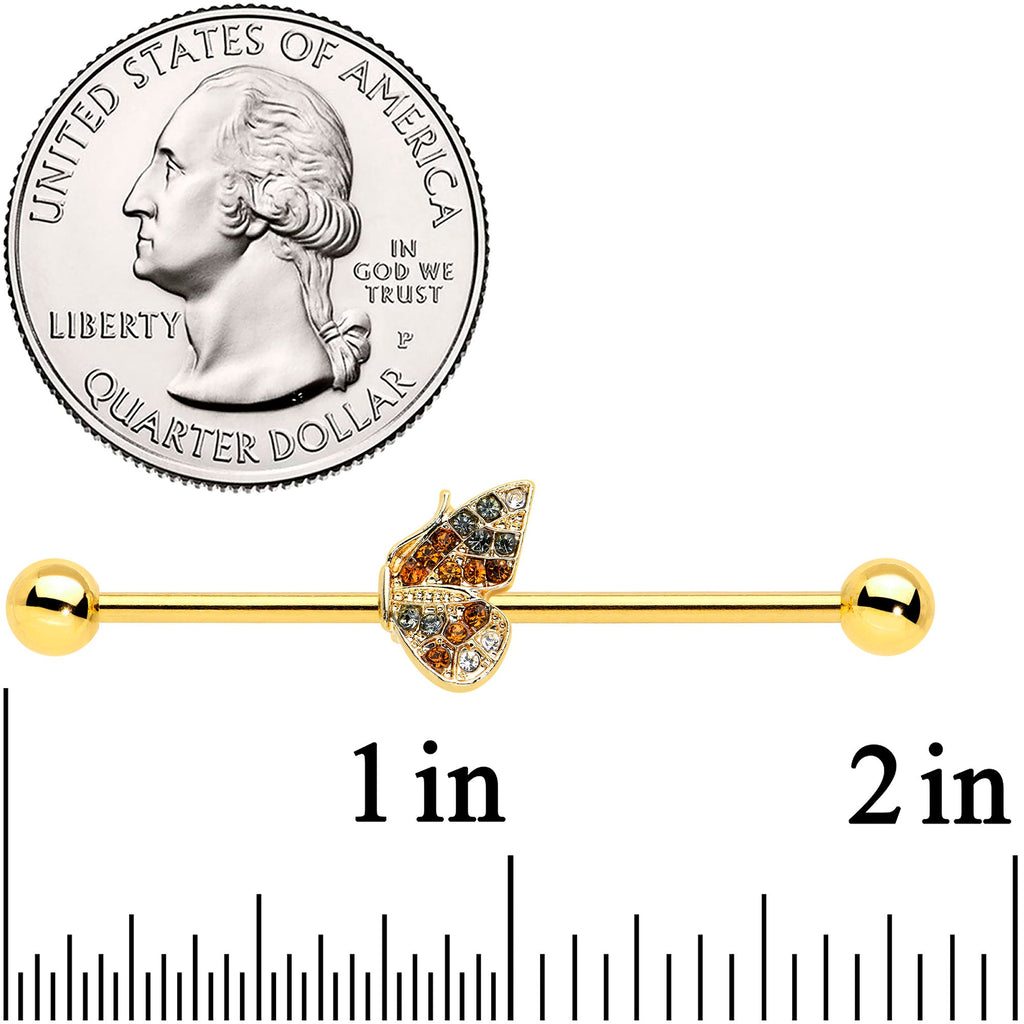 BodyCandy 14G Clear Orange Gem Gold Hue Baroque Butterfly Industrial Barbell 38mm — detail close-up