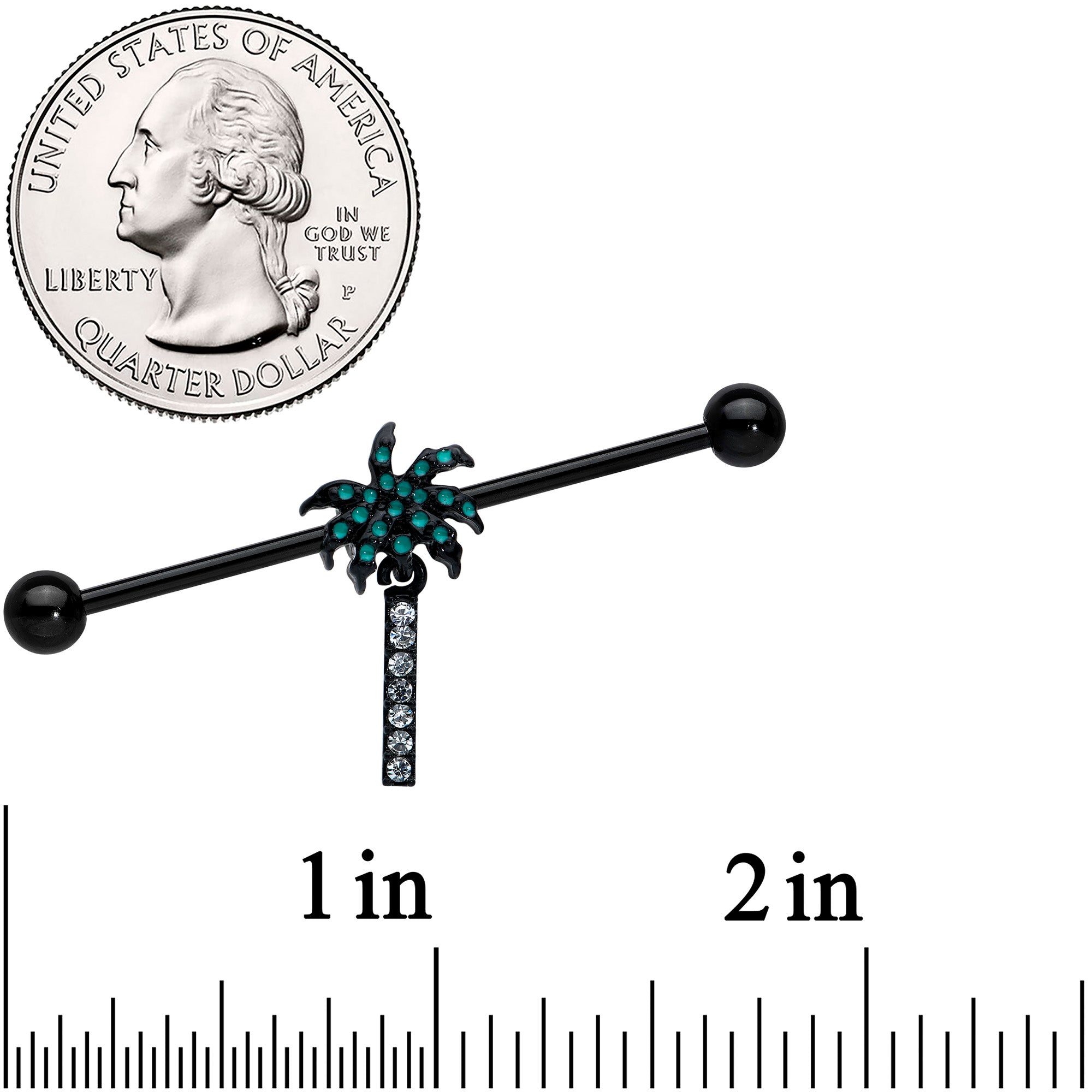 BodyCandy 14G Clear Gem Black Night Palm Tree Dangle Industrial Barbell 38mm — detail close-up