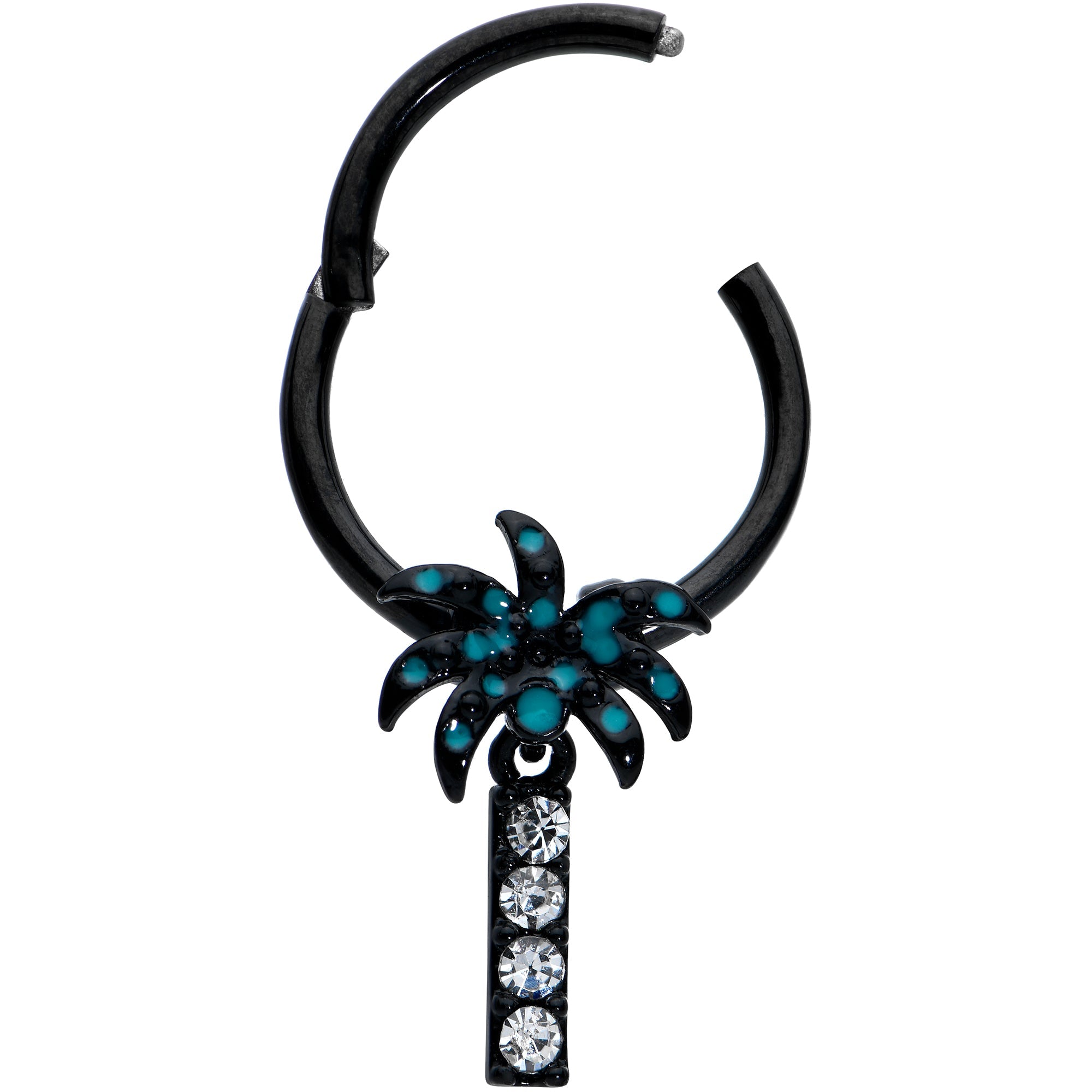 BodyCandy 16G 3/8 Clear Gem Black Night Palm Tree Dangle Hinged Segment Ring — detail close-up