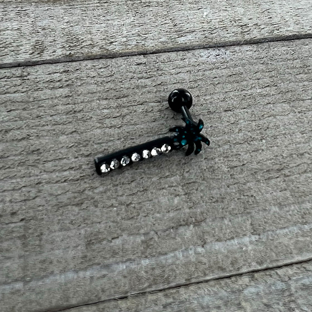 BodyCandy 16G 1/4 Clear Gem Black Night Palm Tree Dangle Cartilage Earring — back view