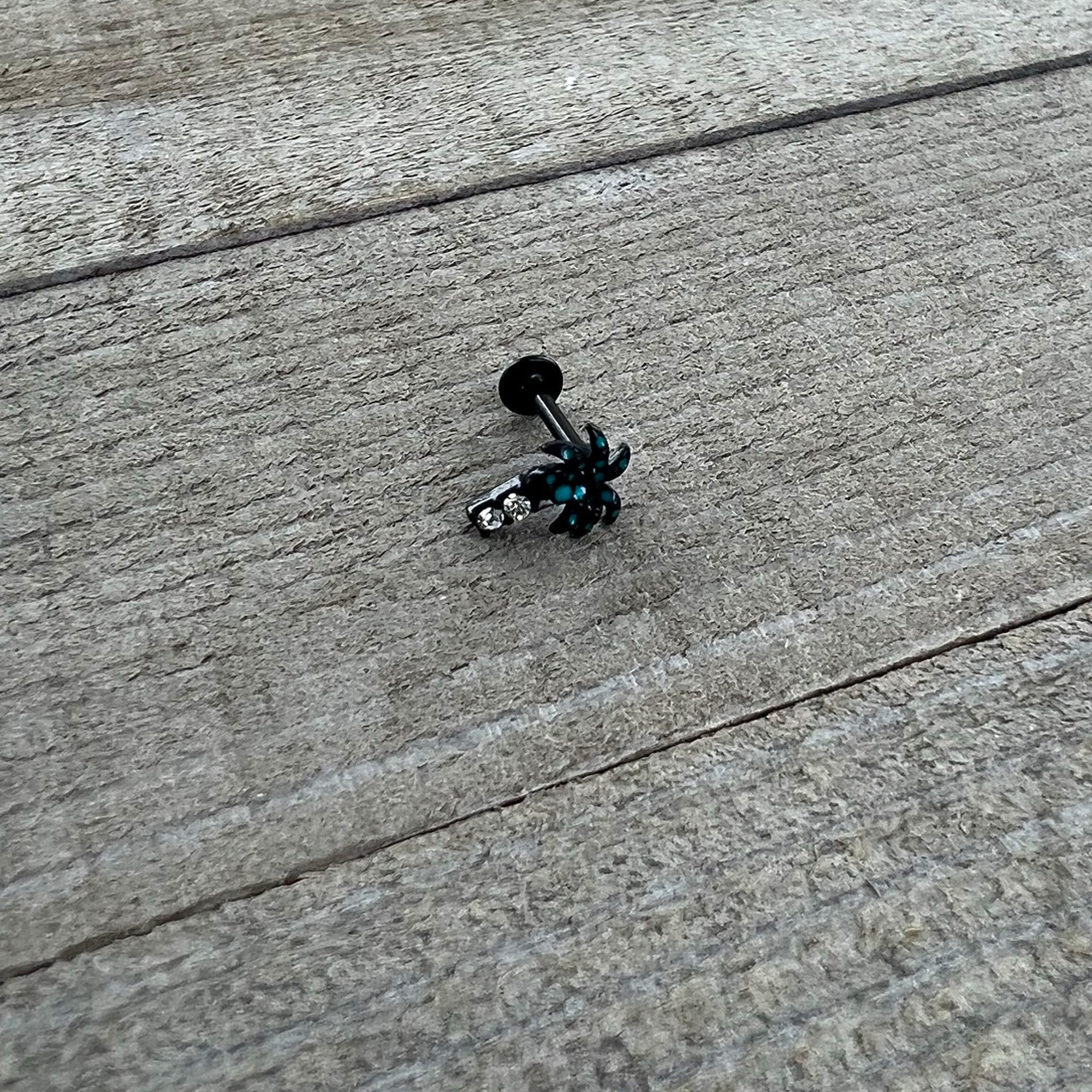 BodyCandy 16G 5/16 Clear Gem Black Night Palm Tree Dangle Labret Tragus — back view
