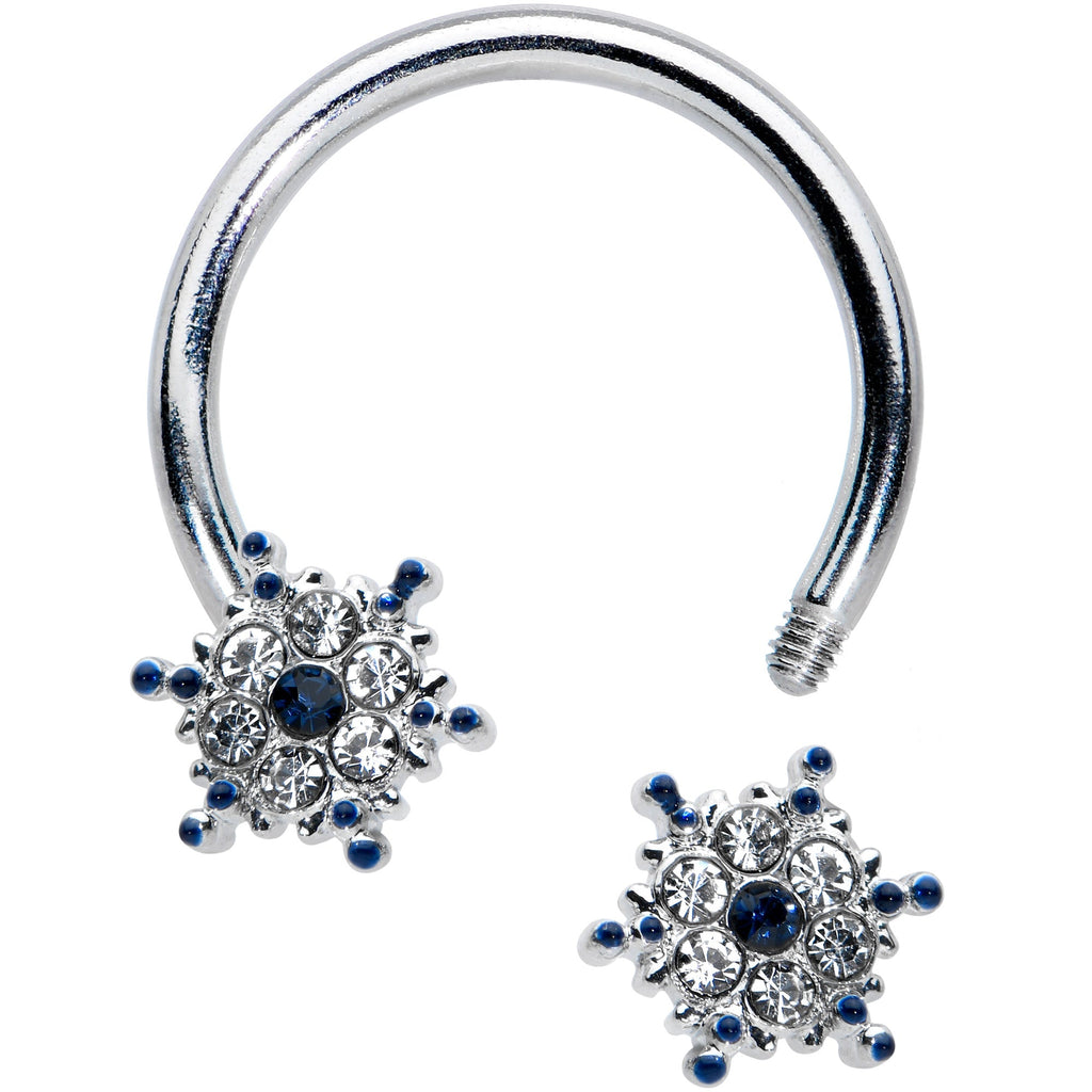 BodyCandy 16G 3/8 Blue Gem Festive Snowflake Horseshoe Circular Barbell — detail close-up