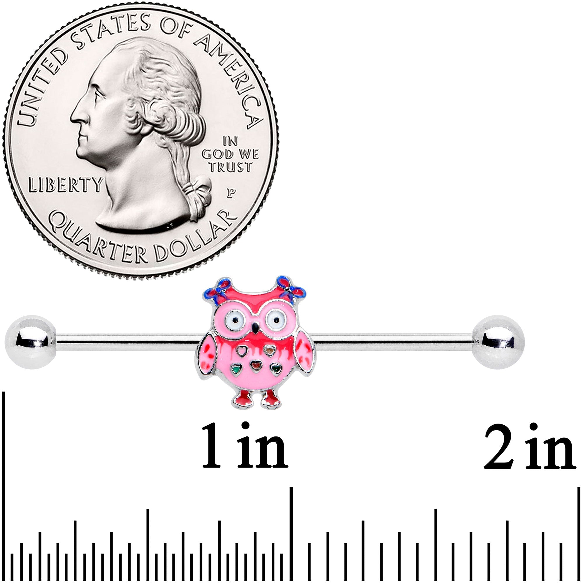 BodyCandy 14G Owl Pink Bows Hearts Industrial Barbell 38mm — detail close-up