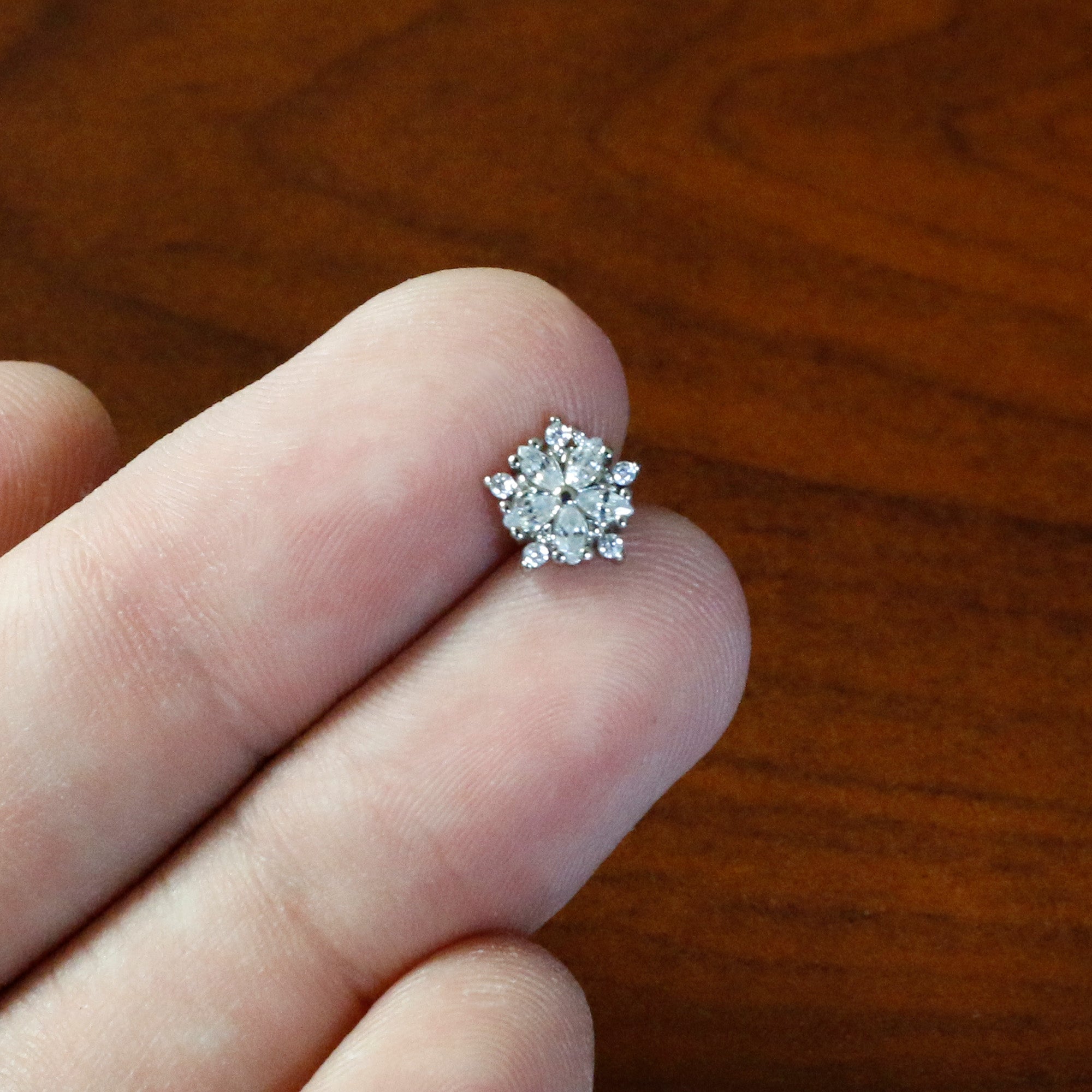 BodyCandy 16G 1/4 Clear CZ Gem Floral Burst Cartilage Tragus Earring — in-use photo