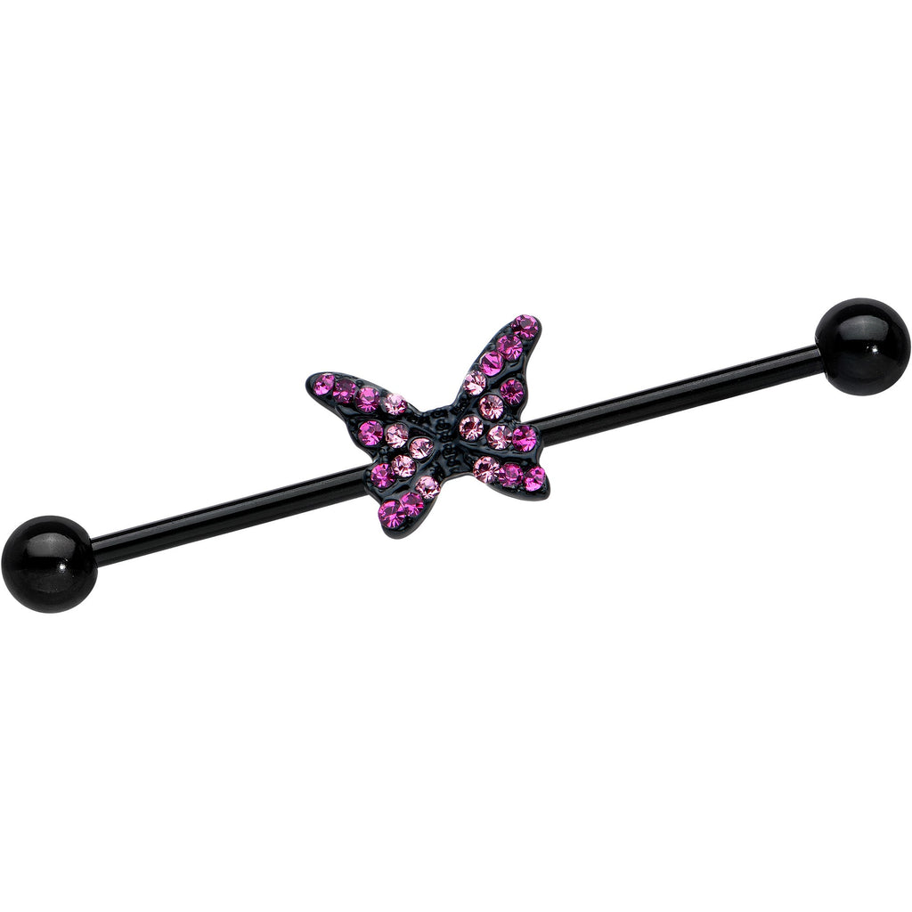 BodyCandy 14G Pink Gem Black Midnight Butterfly Industrial Barbell 38mm — main product shot