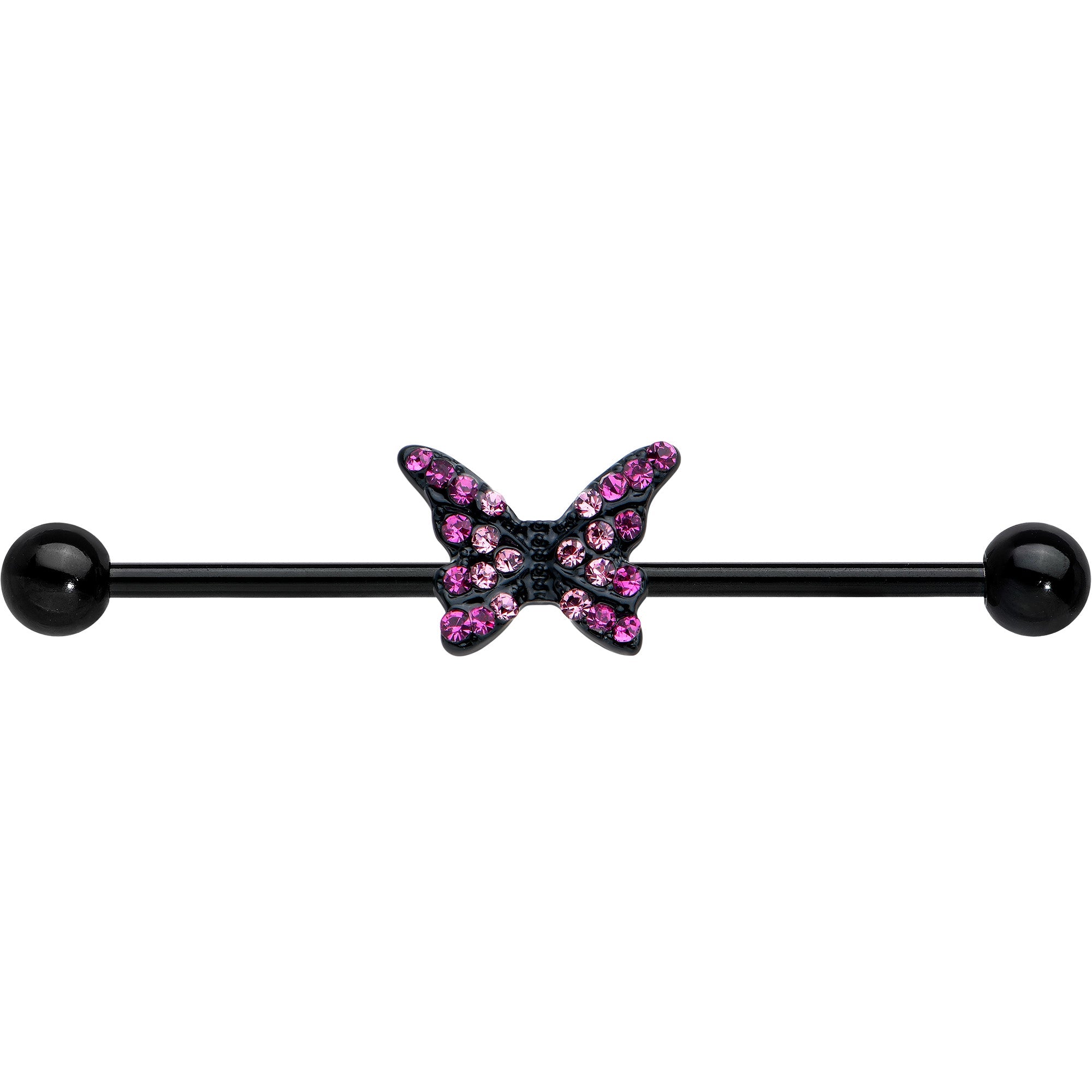 BodyCandy 14G Pink Gem Black Midnight Butterfly Industrial Barbell 38mm — detail close-up