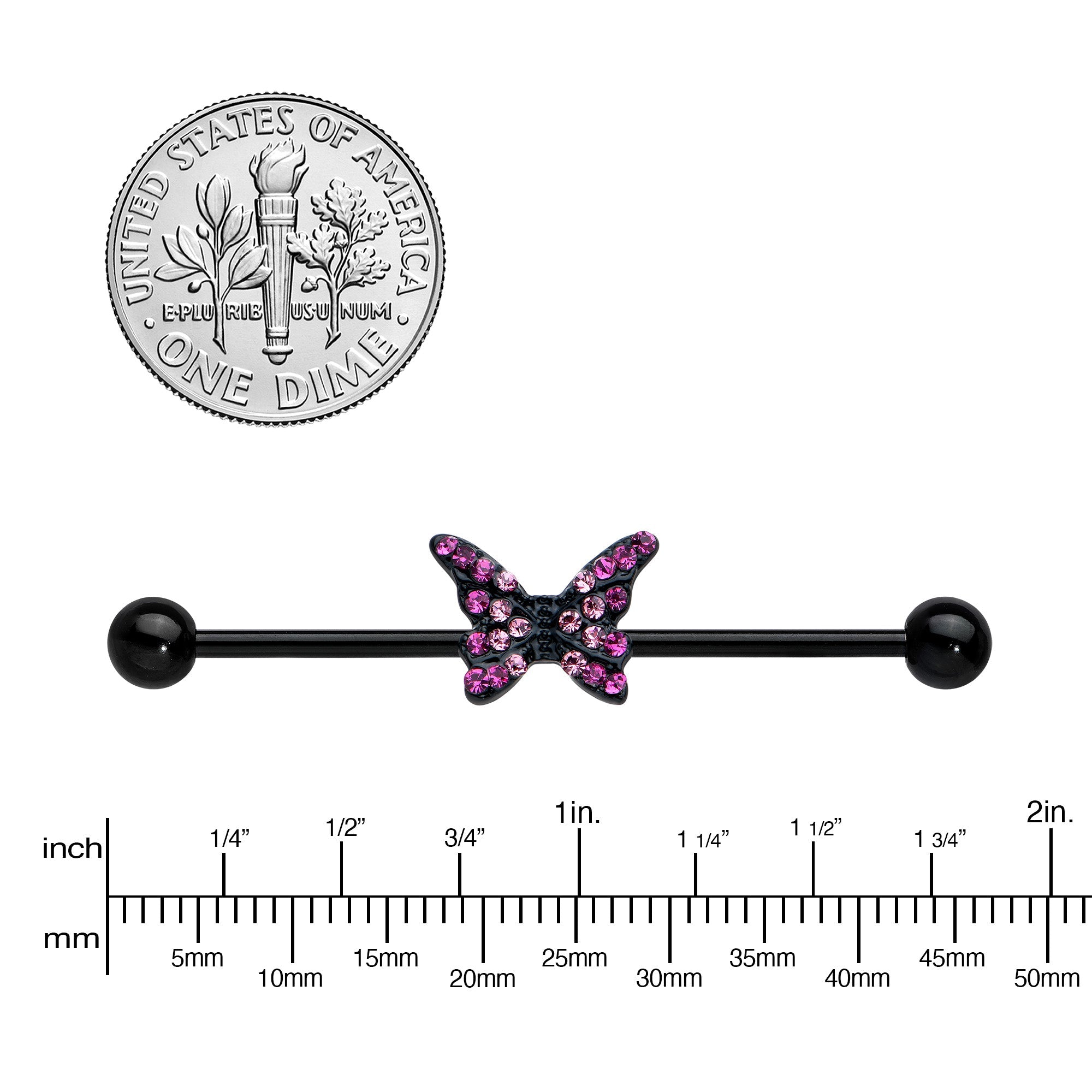 BodyCandy 14G Pink Gem Black Midnight Butterfly Industrial Barbell 38mm — lifestyle context