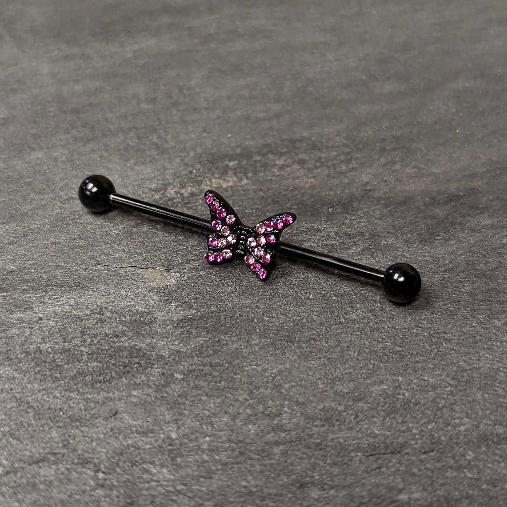 BodyCandy 14G Pink Gem Black Midnight Butterfly Industrial Barbell 38mm — side view