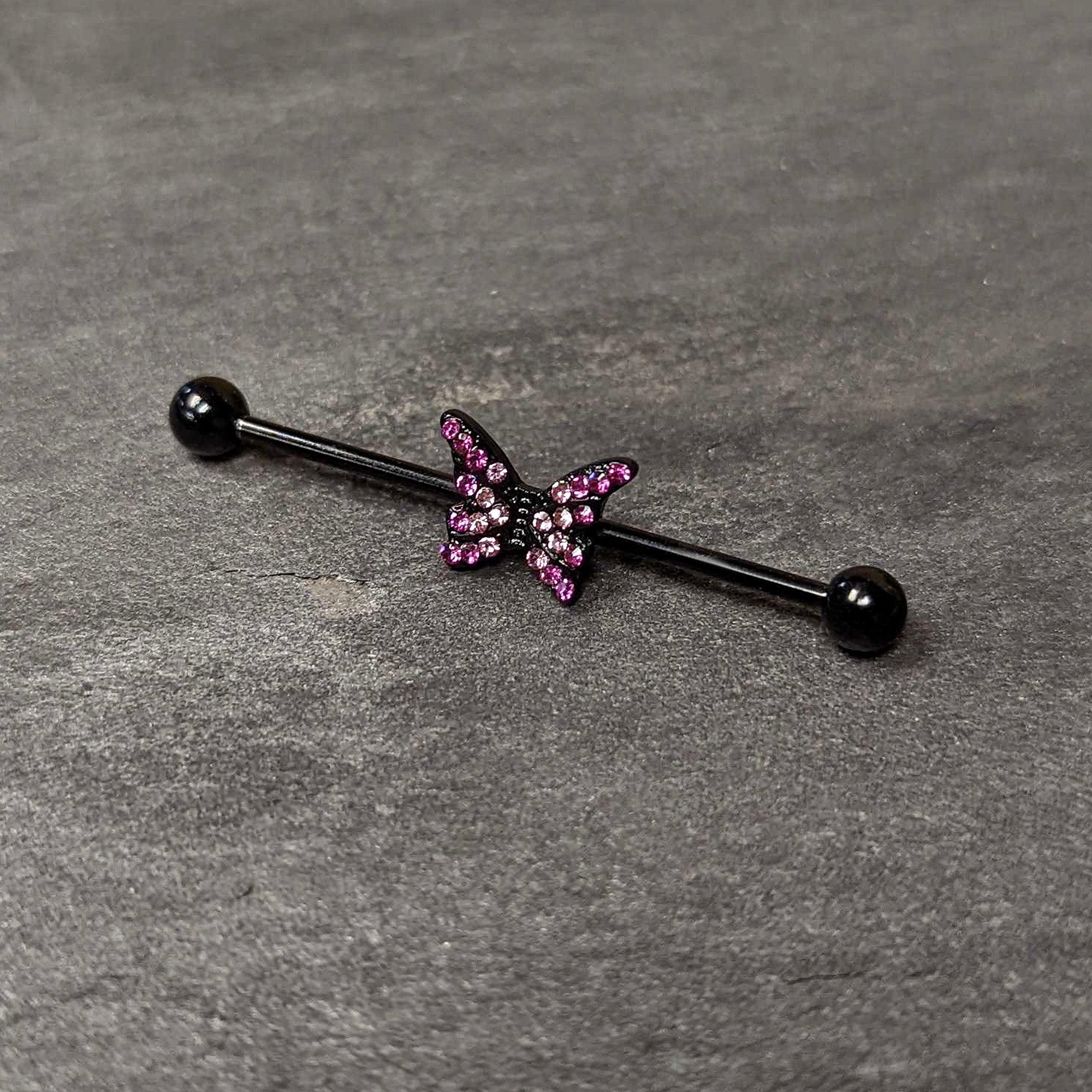 BodyCandy 14G Pink Gem Black Midnight Butterfly Industrial Barbell 38mm — side view