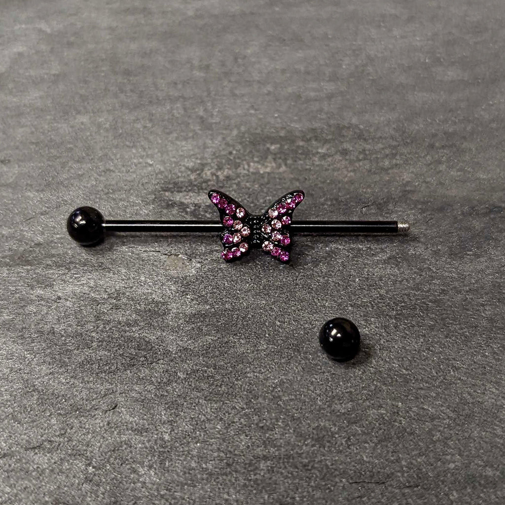 BodyCandy 14G Pink Gem Black Midnight Butterfly Industrial Barbell 38mm — back view