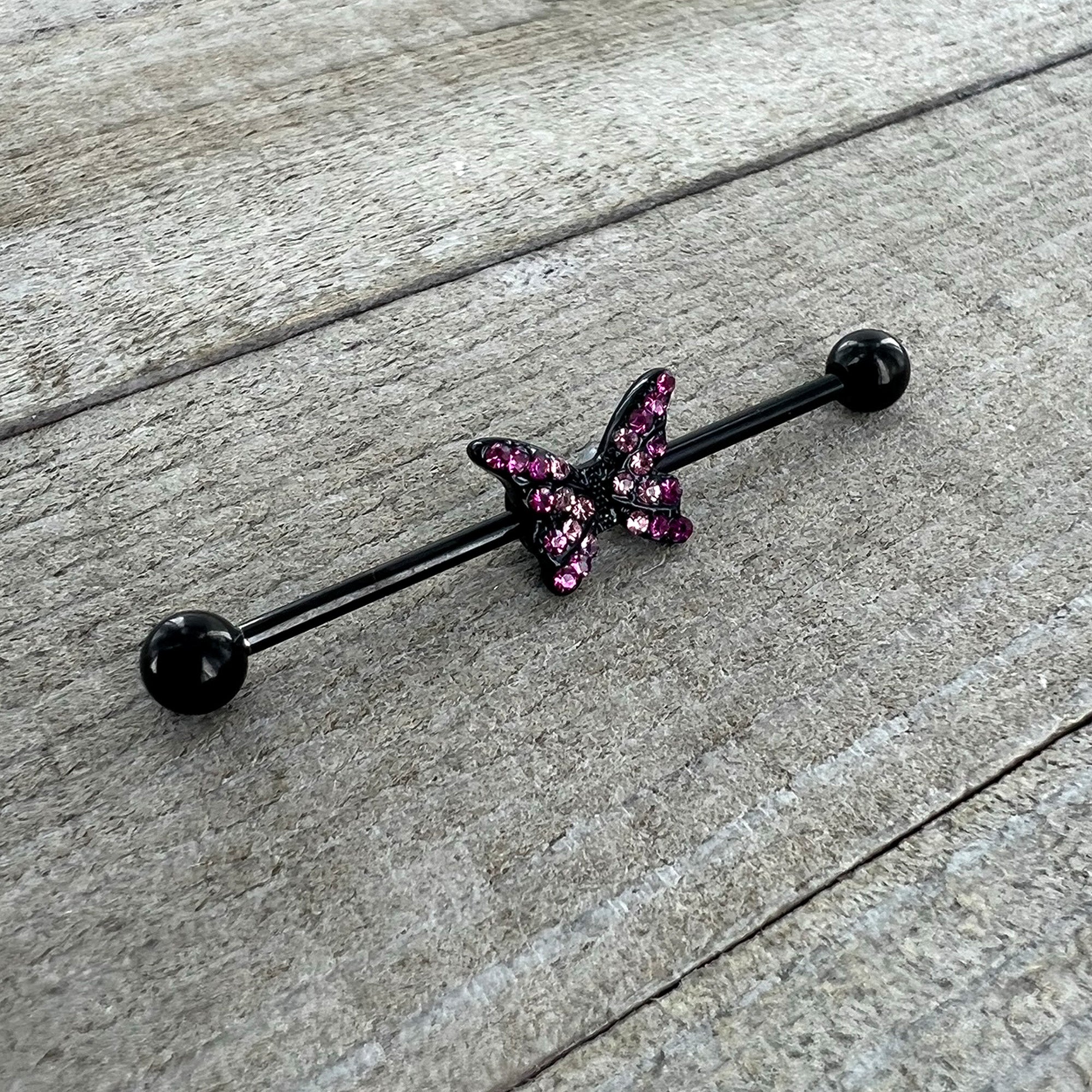 BodyCandy 14G Pink Gem Black Midnight Butterfly Industrial Barbell 38mm — alternative angle