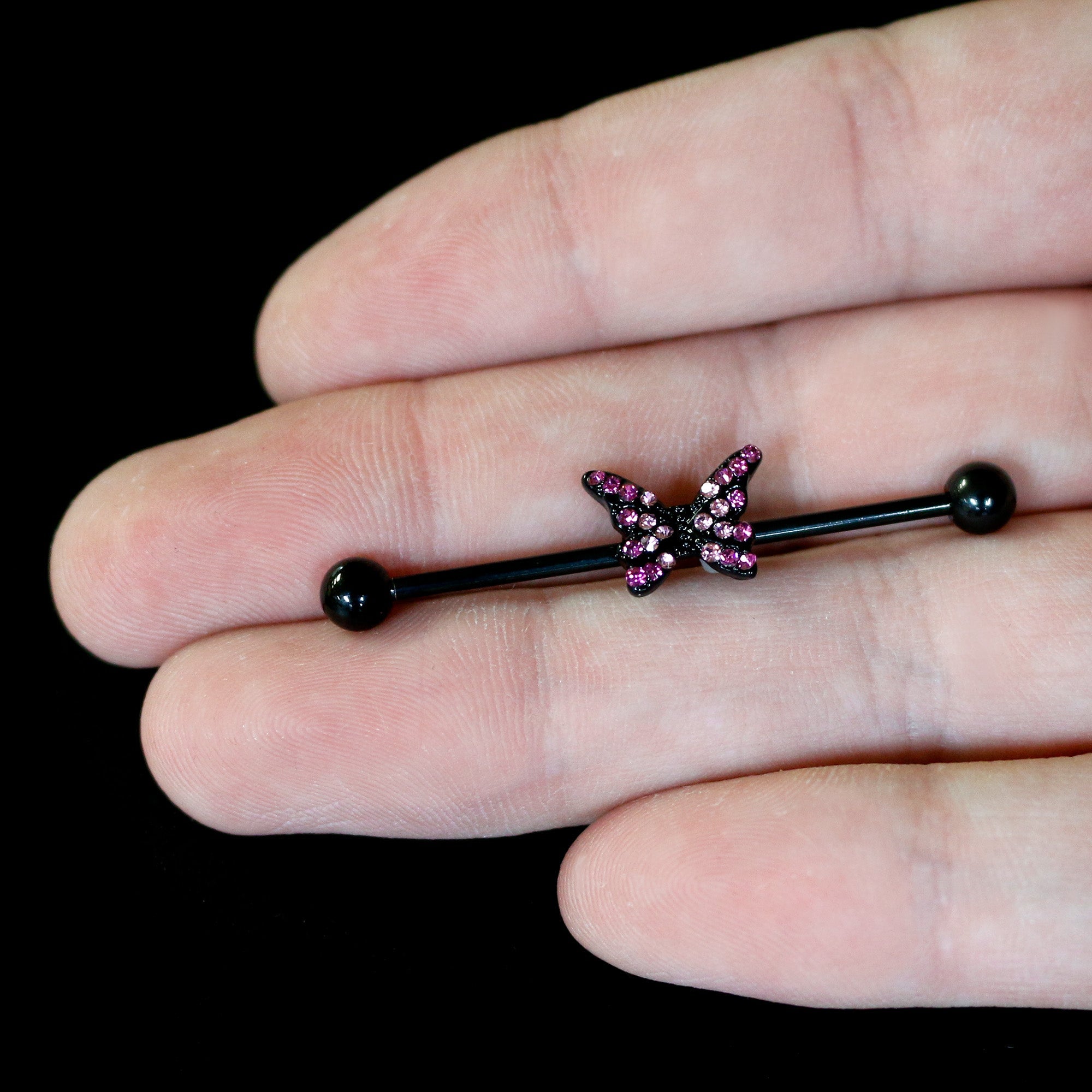 BodyCandy 14G Pink Gem Black Midnight Butterfly Industrial Barbell 38mm — in-use photo