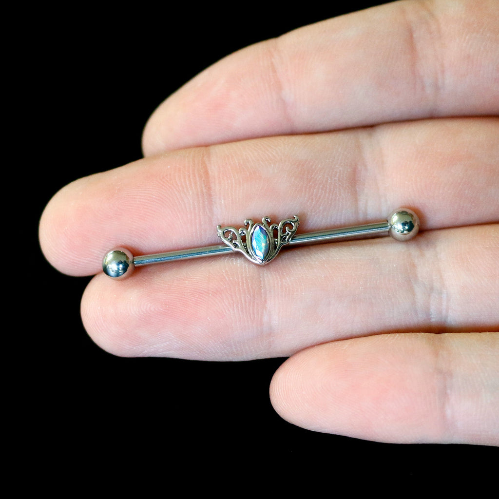BodyCandy 14G Aurora Gem Art Deco Style Waves Industrial Barbell 38mm — in-use photo