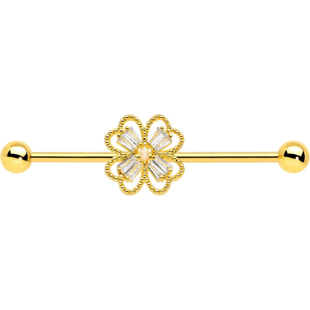 BodyCandy 14G Clear Gem Gold Tone Textured Cross Industrial Barbell 38mm — detail close-up