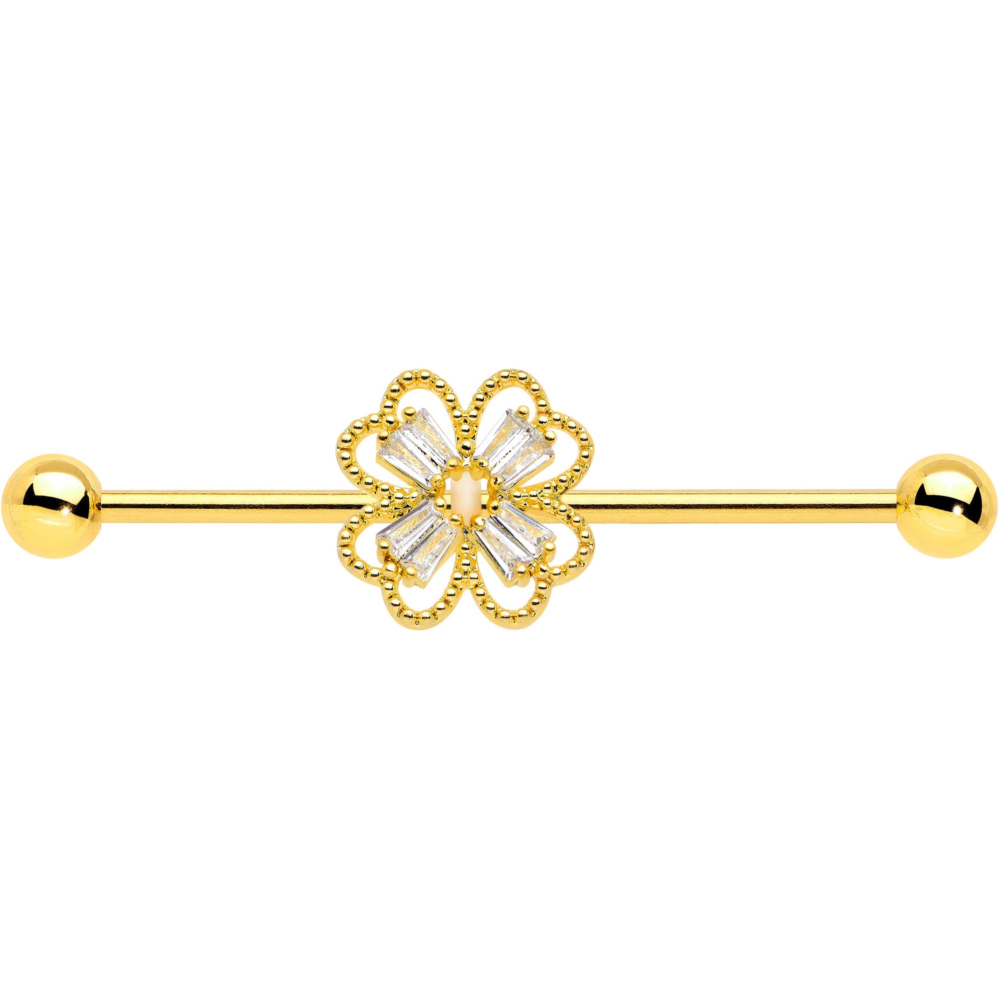 BodyCandy 14G Clear Gem Gold Tone Textured Cross Industrial Barbell 38mm — detail close-up