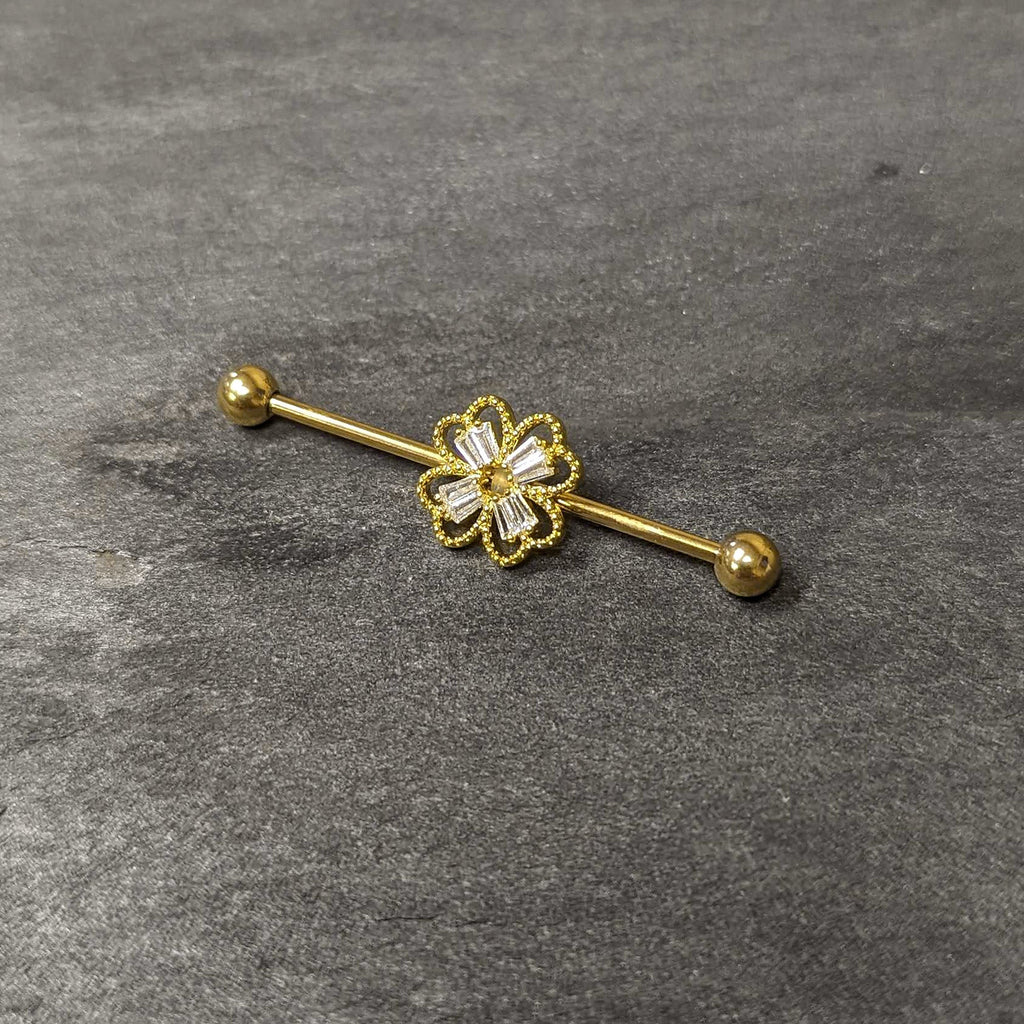 BodyCandy 14G Clear Gem Gold Tone Textured Cross Industrial Barbell 38mm — side view