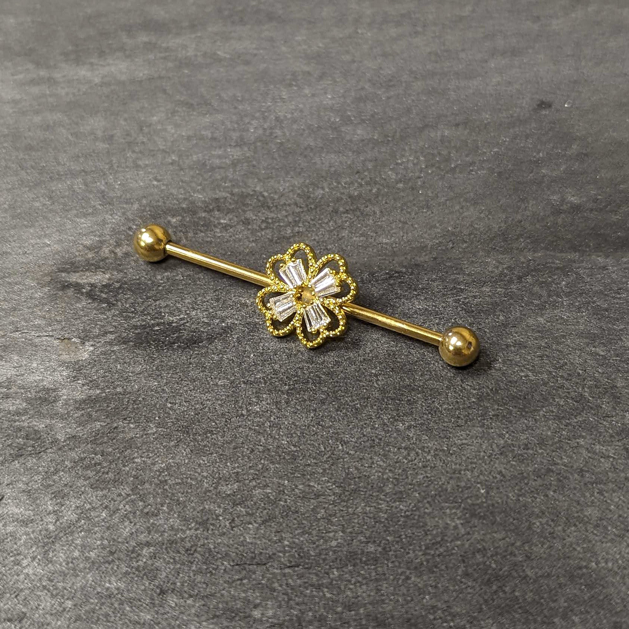 BodyCandy 14G Clear Gem Gold Tone Textured Cross Industrial Barbell 38mm — side view