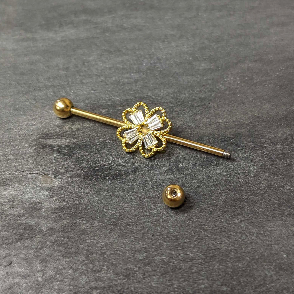 BodyCandy 14G Clear Gem Gold Tone Textured Cross Industrial Barbell 38mm — back view