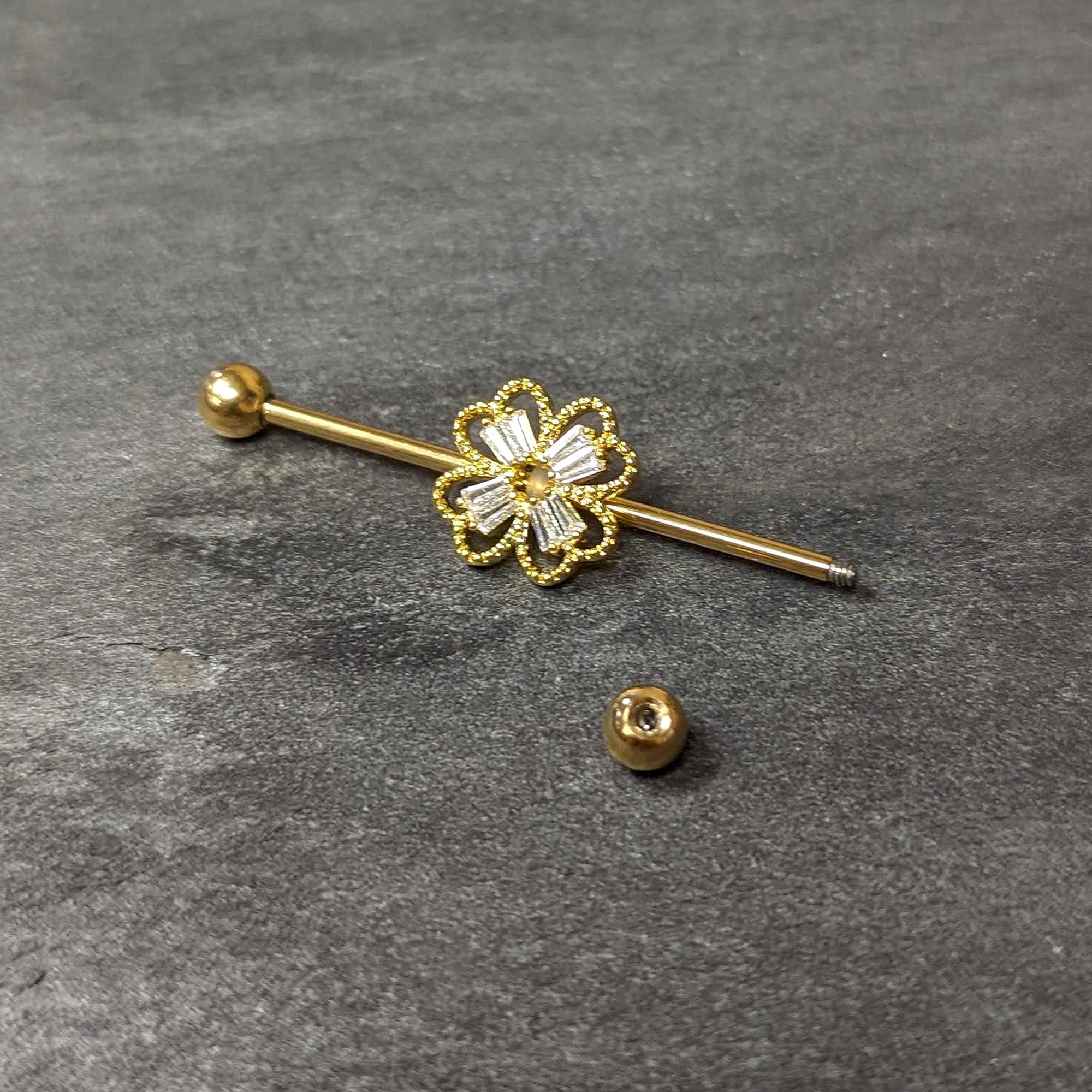 BodyCandy 14G Clear Gem Gold Tone Textured Cross Industrial Barbell 38mm — back view