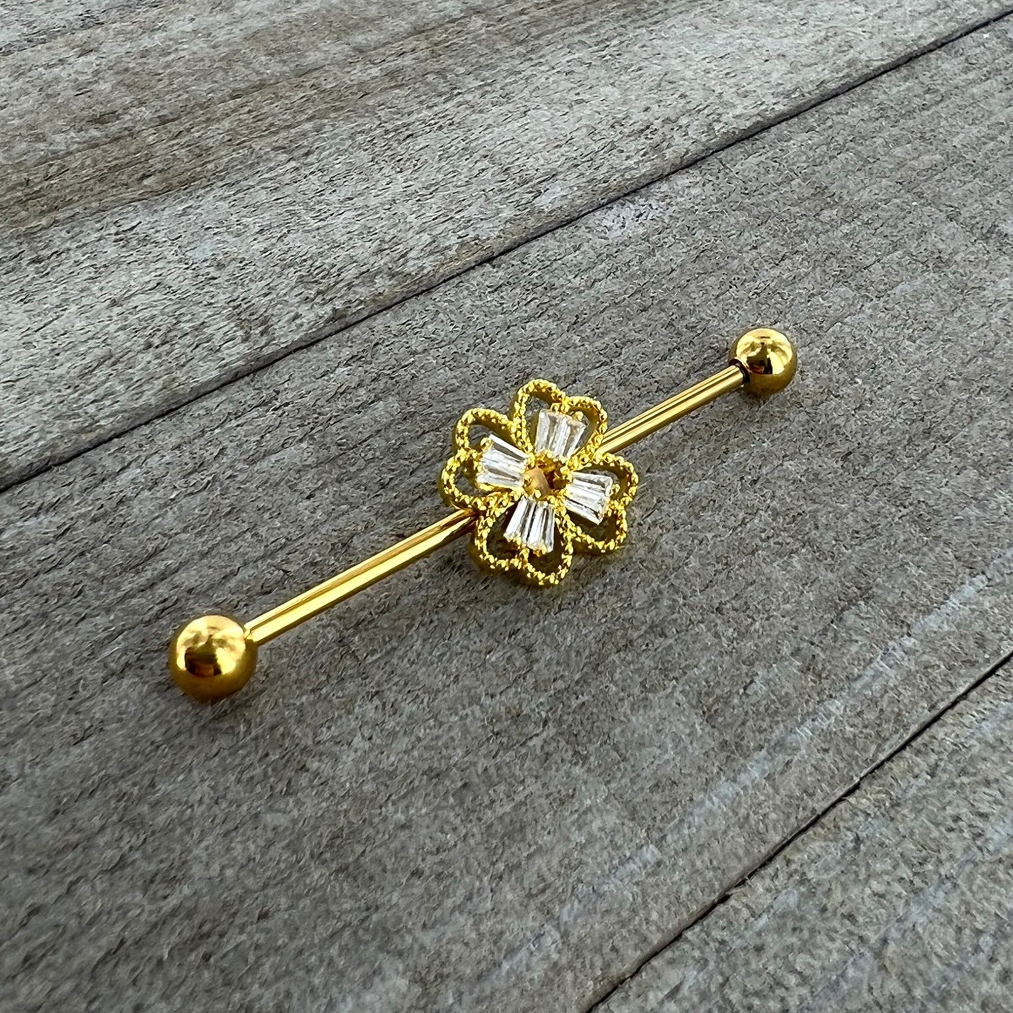 BodyCandy 14G Clear Gem Gold Tone Textured Cross Industrial Barbell 38mm — alternative angle